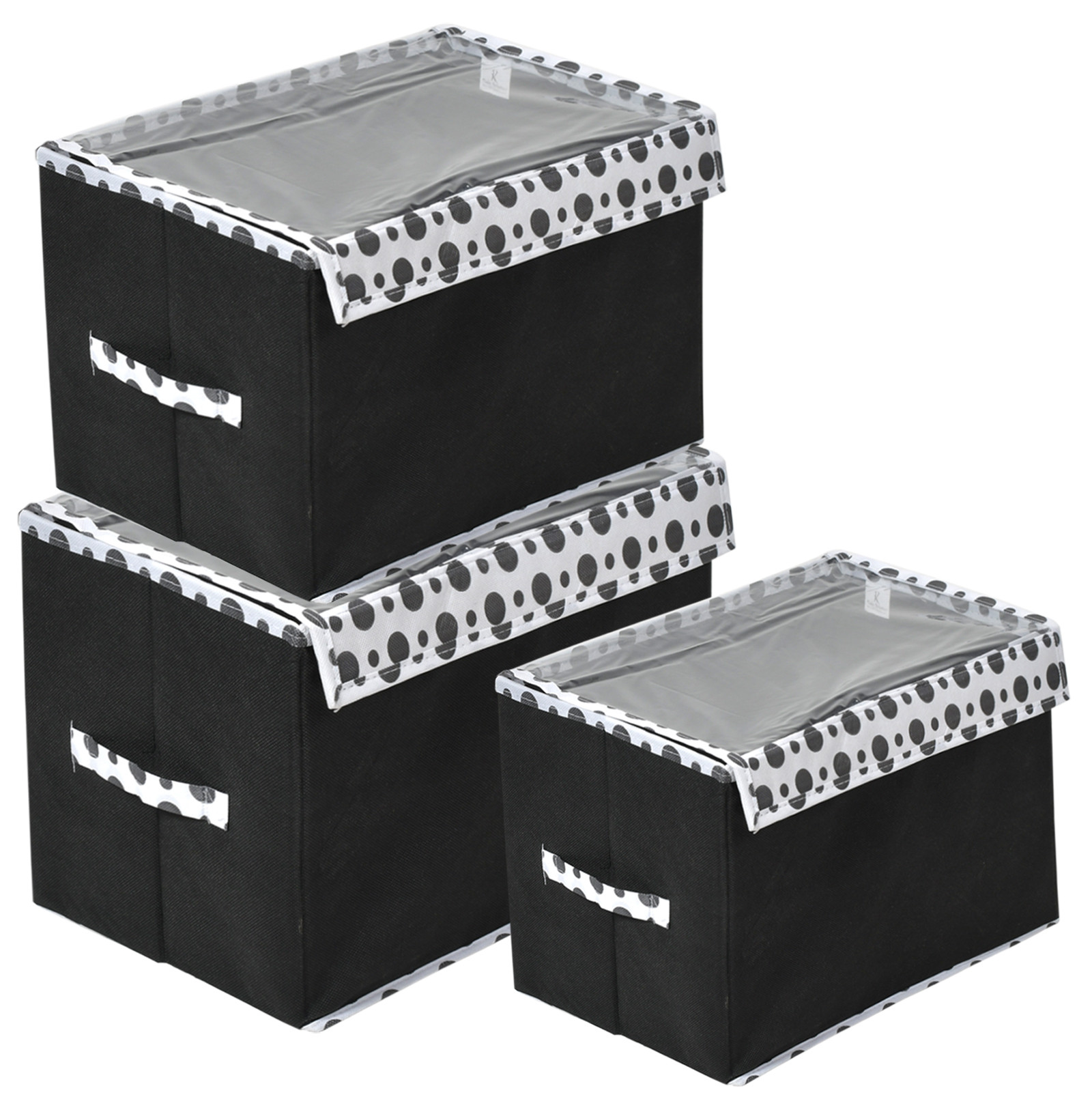Kuber Industries Dot Printed Multiuses 3 Different Sizes Non-Woven Storage Box/Organizer With Tranasparent Lid- Set of 3 (Black) -44KM0427