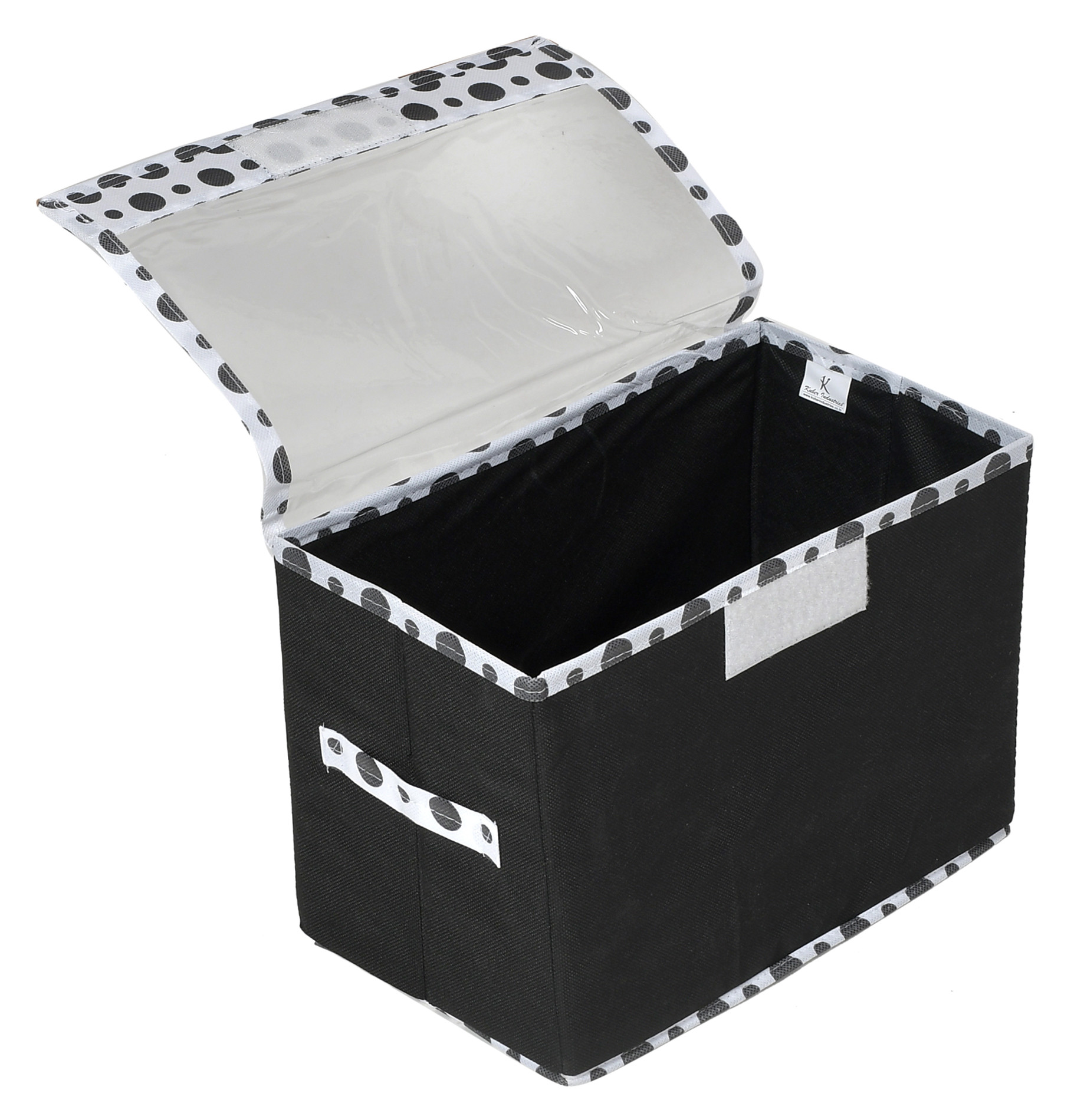 Kuber Industries Dot Printed Multiuses 3 Different Sizes Non-Woven Storage Box/Organizer With Tranasparent Lid- Set of 3 (Black) -44KM0427