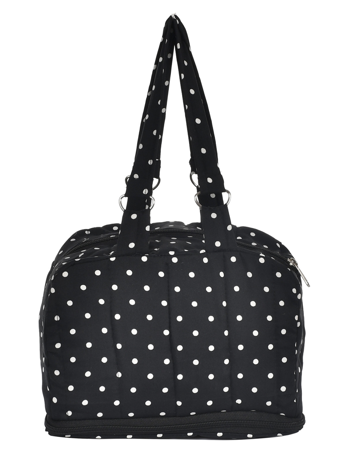 Kuber Industries Dot Printed Multiuses Hand Bag: Tote Bag: Travel Toiletry Bag For Women/Girls (Black)-45KM017