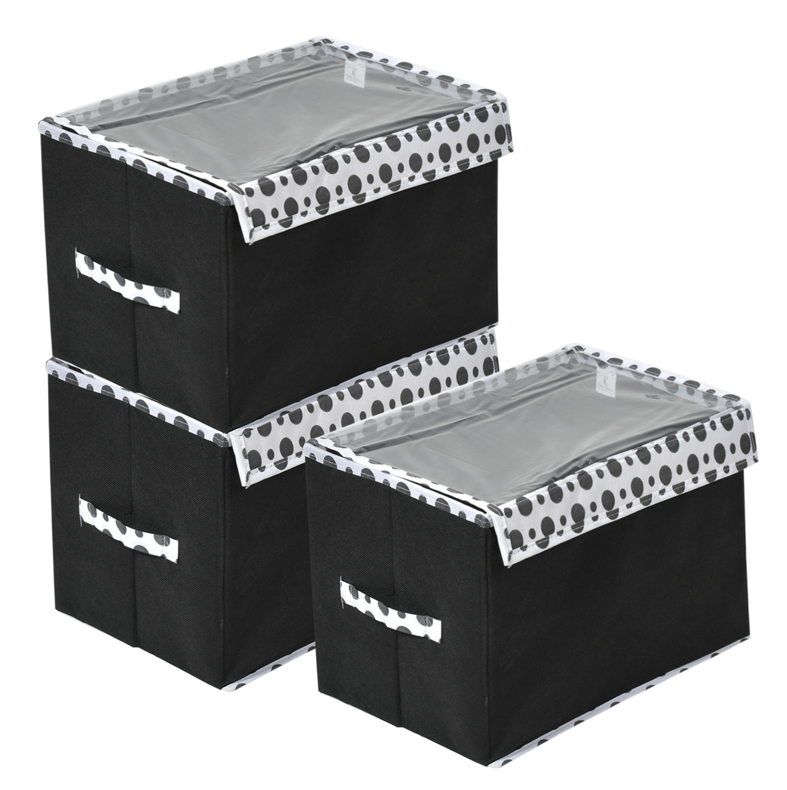 Kuber Industries Dot Printed Multiuses Large Non-Woven Storage Box/Organizer With Tranasparent Lid (Black) -44KM0421