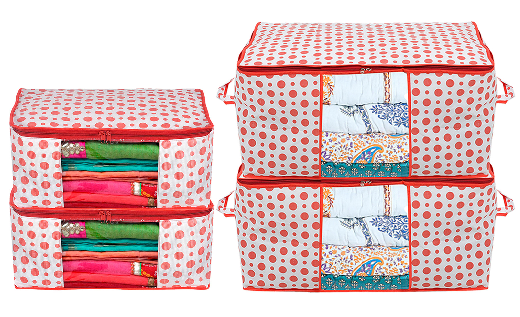 Kuber Industries Dot Printed Multiuses Non-Woven  Saree Cover &  Underbed Storage Bag/Organizer Set With Tranasparent Window,(Pink)-46KM0611