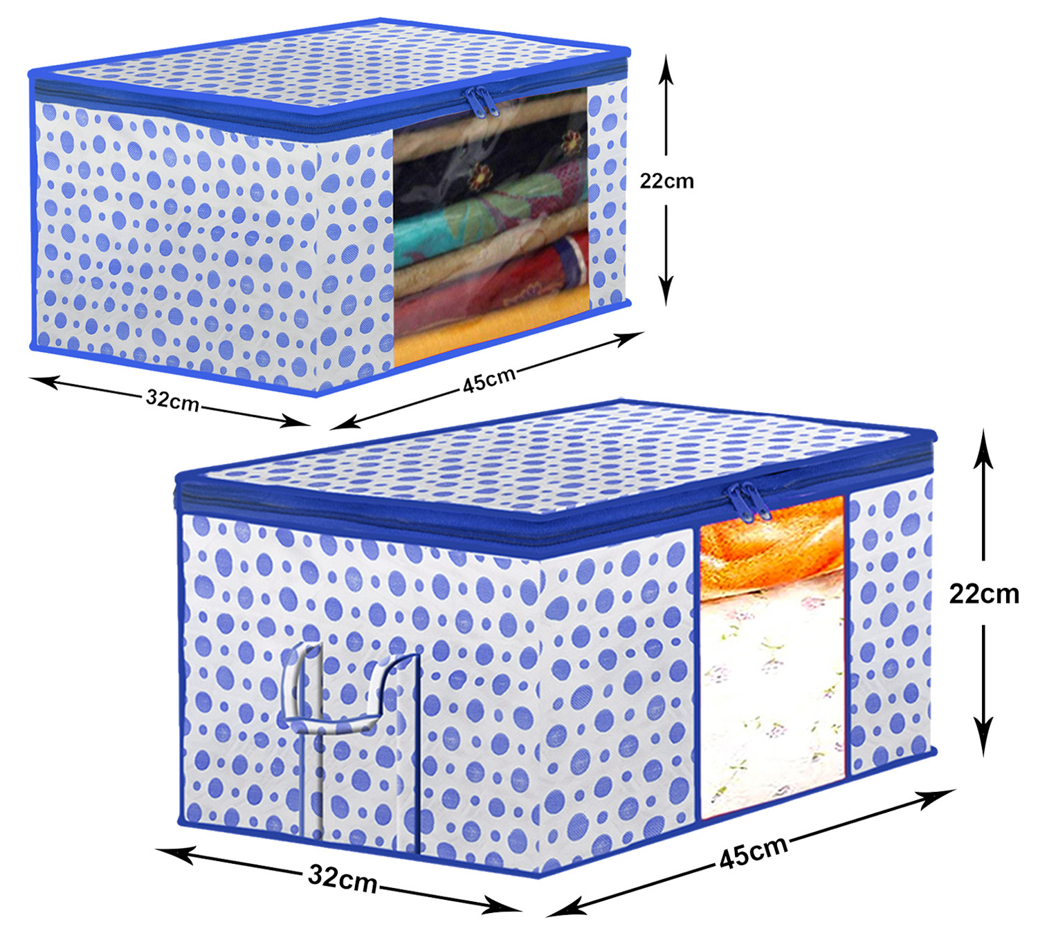 Kuber Industries Dot Printed Multiuses Non-Woven  Saree Cover &  Underbed Storage Bag/Organizer Set With Tranasparent Window,(Blue)-46KM0617