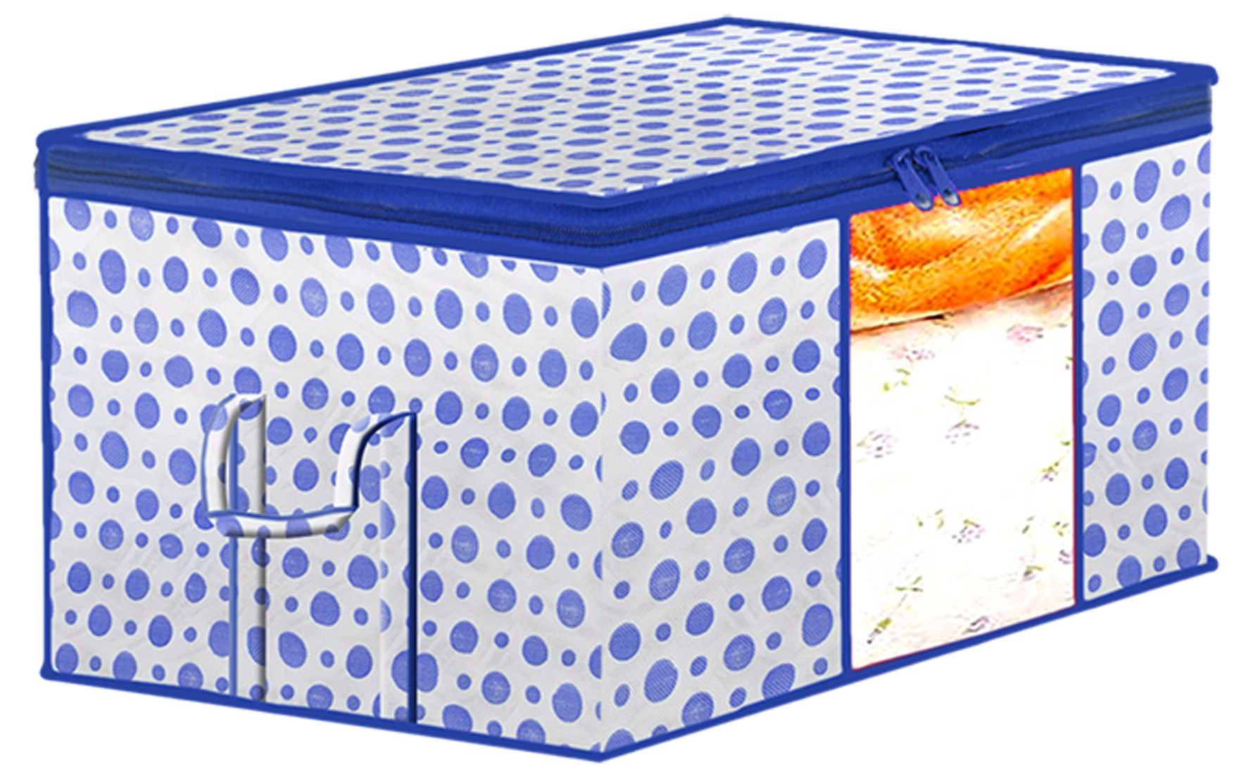 Kuber Industries Dot Printed Multiuses Non-Woven  Saree Cover &  Underbed Storage Bag/Organizer Set With Tranasparent Window,(Blue)-46KM0617
