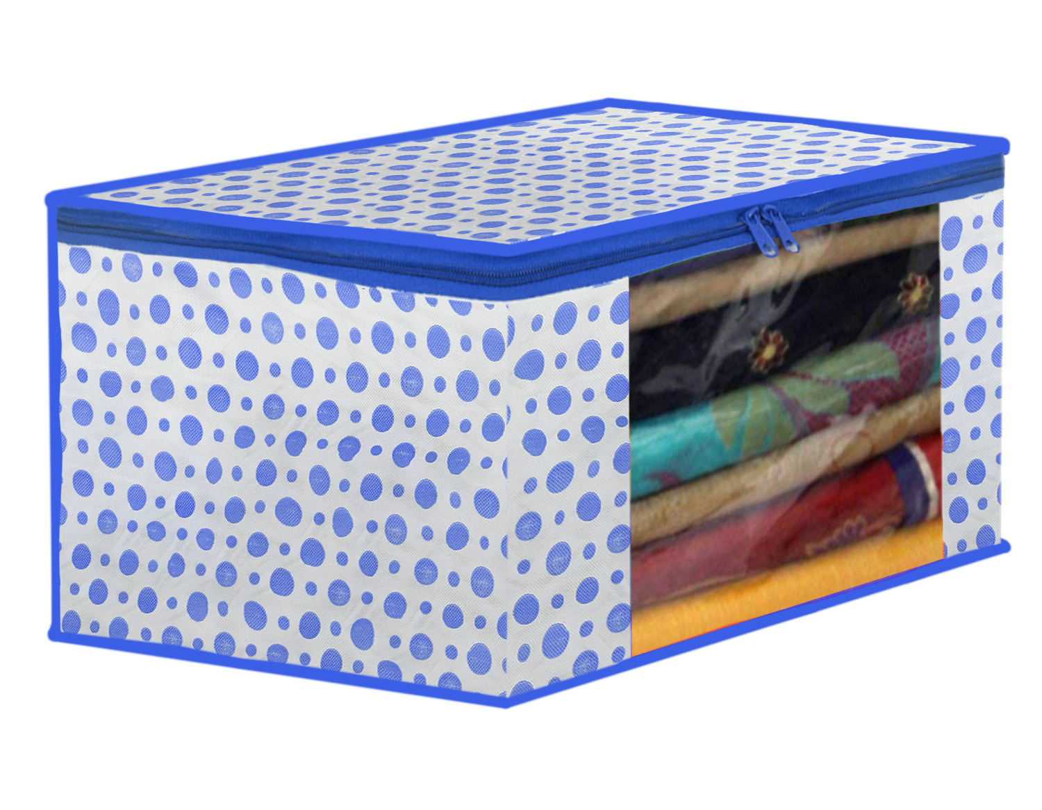 Kuber Industries Dot Printed Multiuses Non-Woven  Saree Cover &  Underbed Storage Bag/Organizer Set With Tranasparent Window,(Blue)-46KM0617