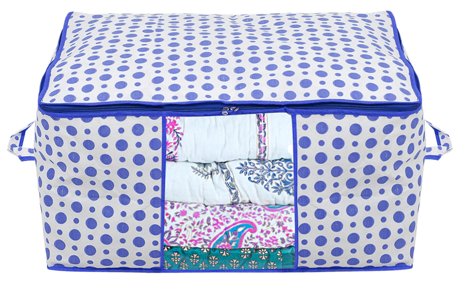 Kuber Industries Dot Printed Multiuses Non-Woven  Saree Cover &  Underbed Storage Bag/Organizer Set With Tranasparent Window,(Blue)-46KM0617