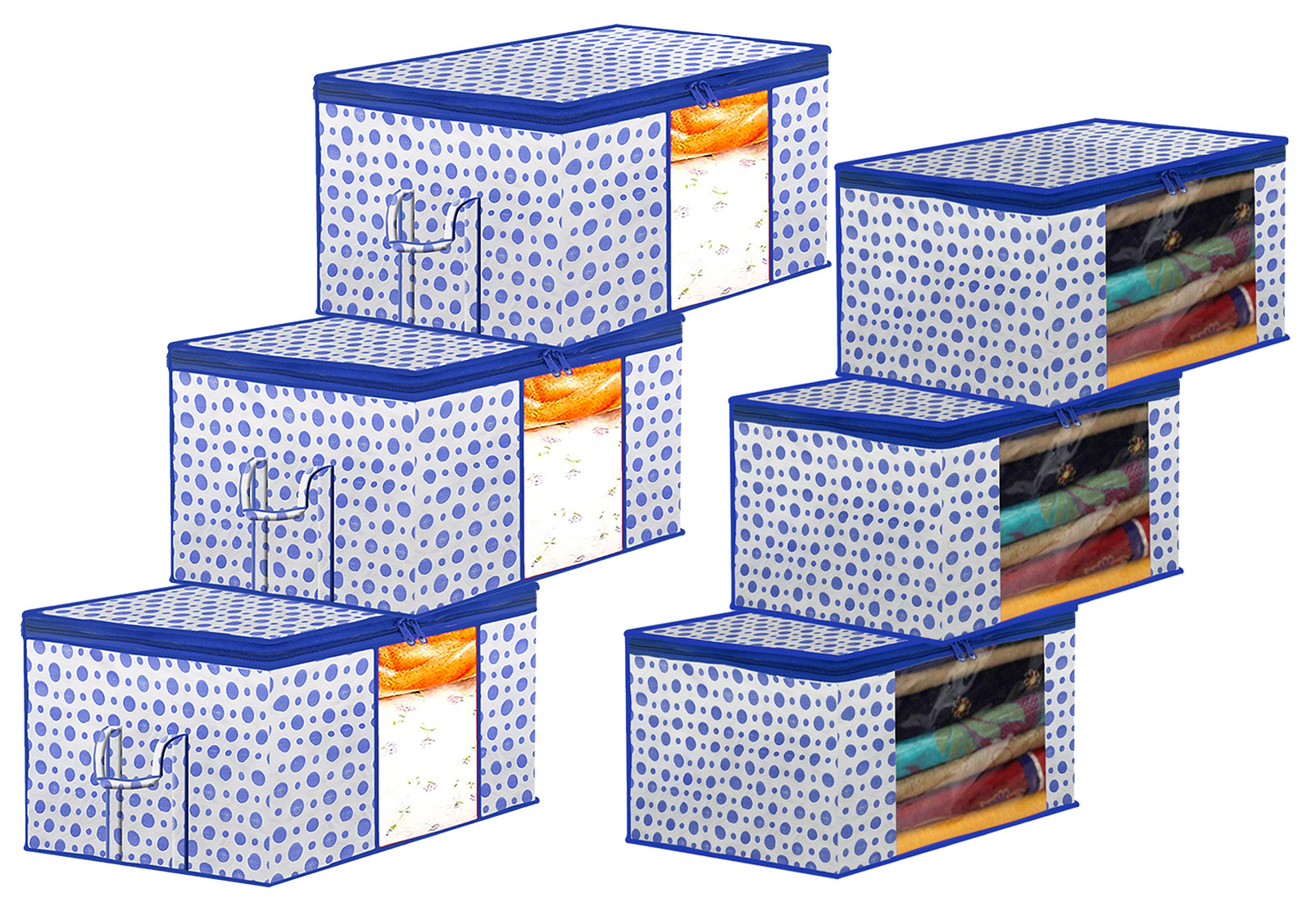 Kuber Industries Dot Printed Multiuses Non-Woven  Saree Cover &  Underbed Storage Bag/Organizer Set With Tranasparent Window,(Blue)-46KM0617