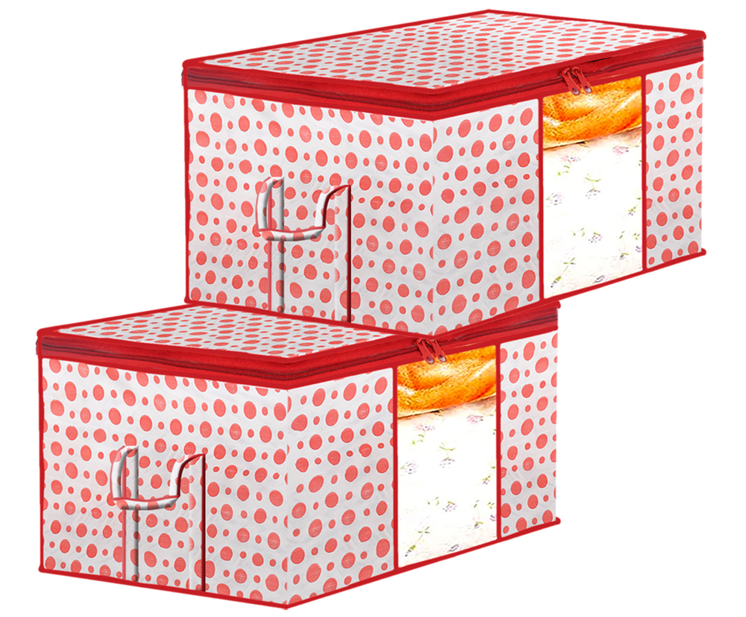 Kuber Industries Dot Printed Multiuses Non Woven Underbed/Storage Bag/Organizer With Transparent Window & Handle (Pink)-46KM0591
