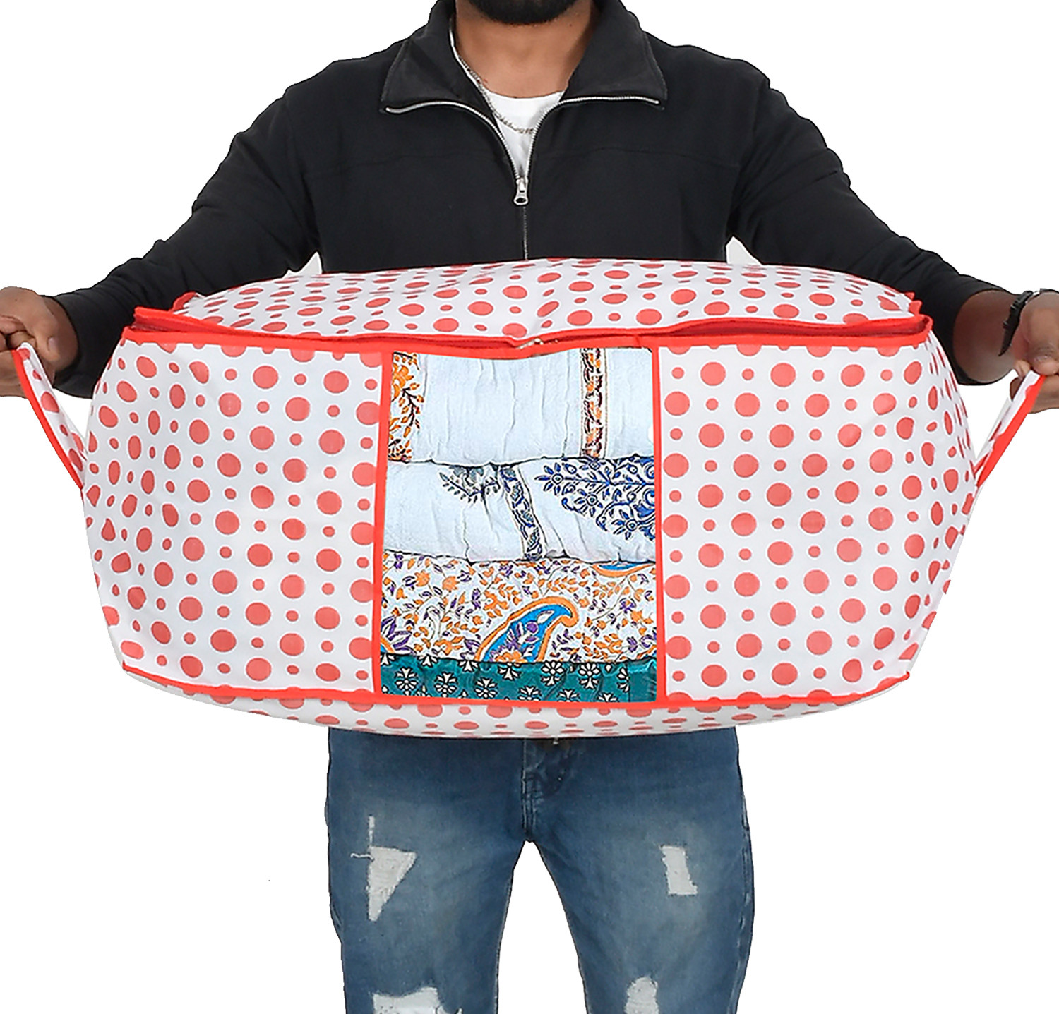 Kuber Industries Dot Printed Multiuses Non Woven Underbed/Storage Bag/Organizer With Transparent Window & Handle (Pink)-46KM0591