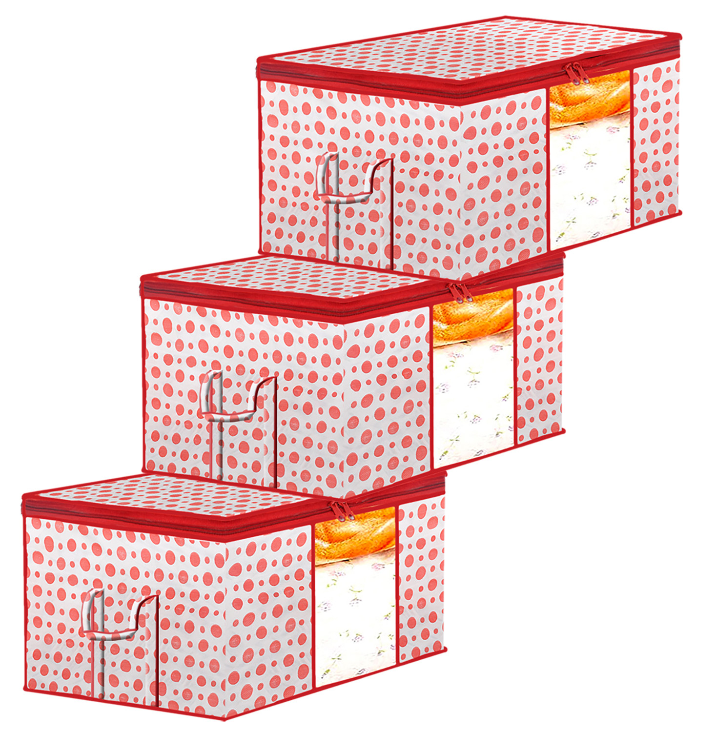 Kuber Industries Dot Printed Multiuses Non Woven Underbed/Storage Bag/Organizer With Transparent Window & Handle (Pink)-46KM0591