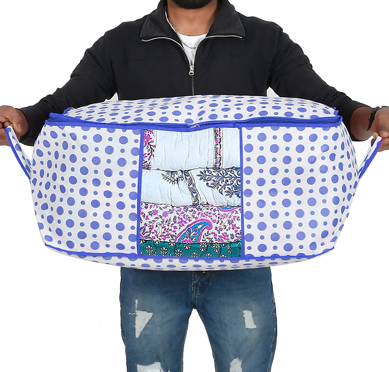 Kuber Industries Dot Printed Multiuses Non Woven Underbed/Storage Bag/Organizer With Transparent Window & Handle (Blue)-46KM0601