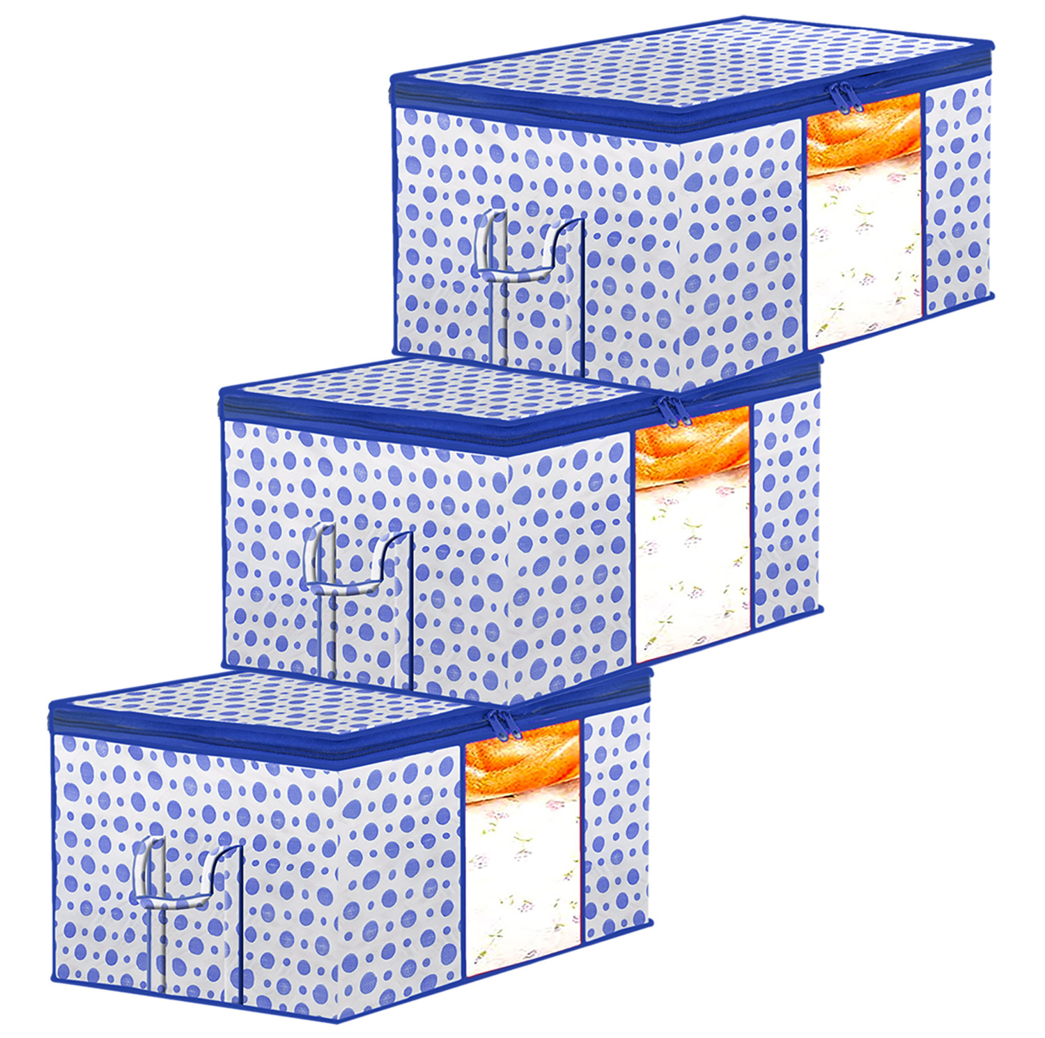 Kuber Industries Dot Printed Multiuses Non Woven Underbed/Storage Bag/Organizer With Transparent Window & Handle (Blue)-46KM0601