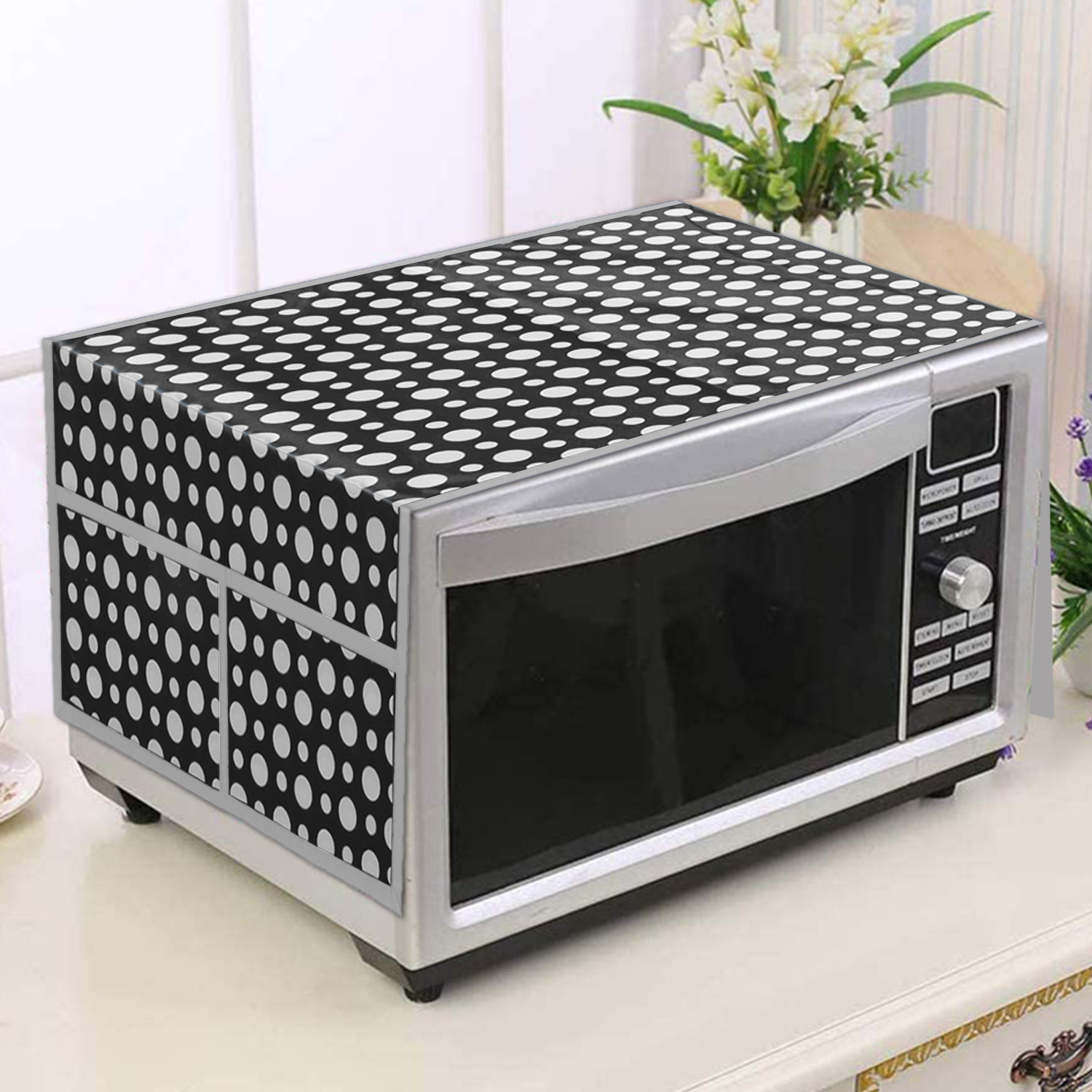 Kuber Industries Dot Printed PVC Decorative Microwave Oven Top Cover With 4 Utility Pockets (Black)