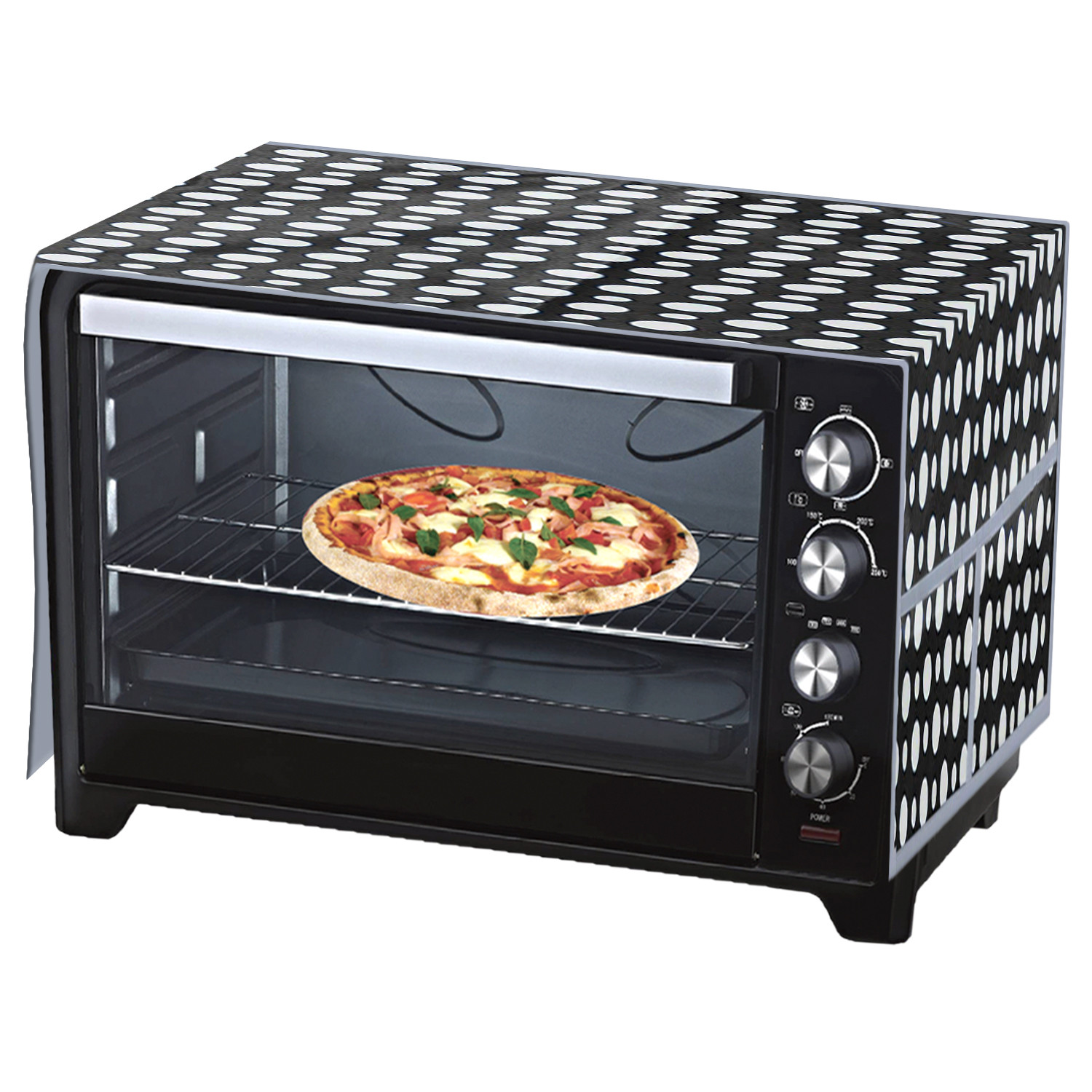 Kuber Industries Dot Printed PVC Decorative Microwave Oven Top Cover With 4 Utility Pockets (Black)