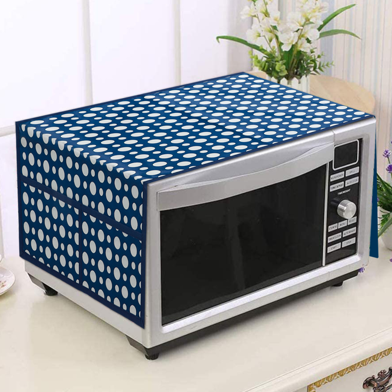 Kuber Industries Dot Printed PVC Decorative Microwave Oven Top Cover With 4 Utility Pockets (Blue)