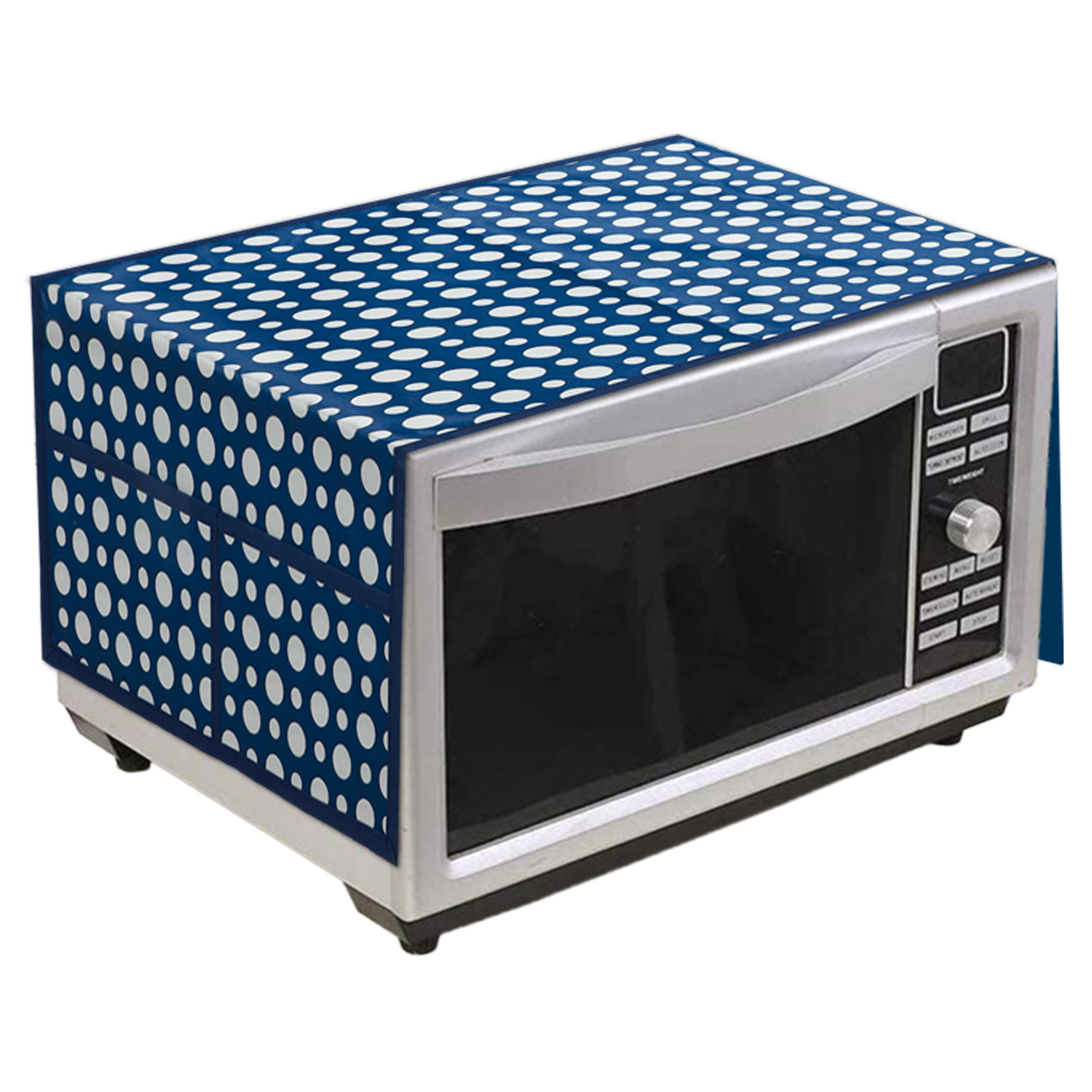 Kuber Industries Dot Printed PVC Decorative Microwave Oven Top Cover With 4 Utility Pockets (Blue)