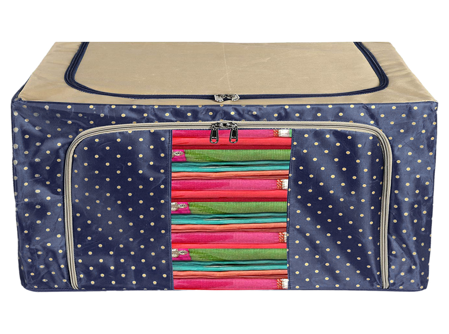 Kuber Industries Dot Printed Steel Frame Storage Box/Organizer For Clothing, Blankets, Bedding With Clear Window, 24Ltr. (Navy Blue & Brown)