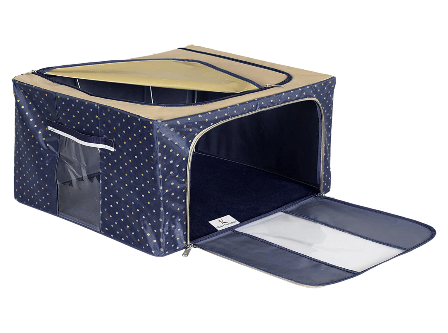 Kuber Industries Dot Printed Steel Frame Storage Box/Organizer For Clothing, Blankets, Bedding With Clear Window, 24Ltr. (Navy Blue & Brown)