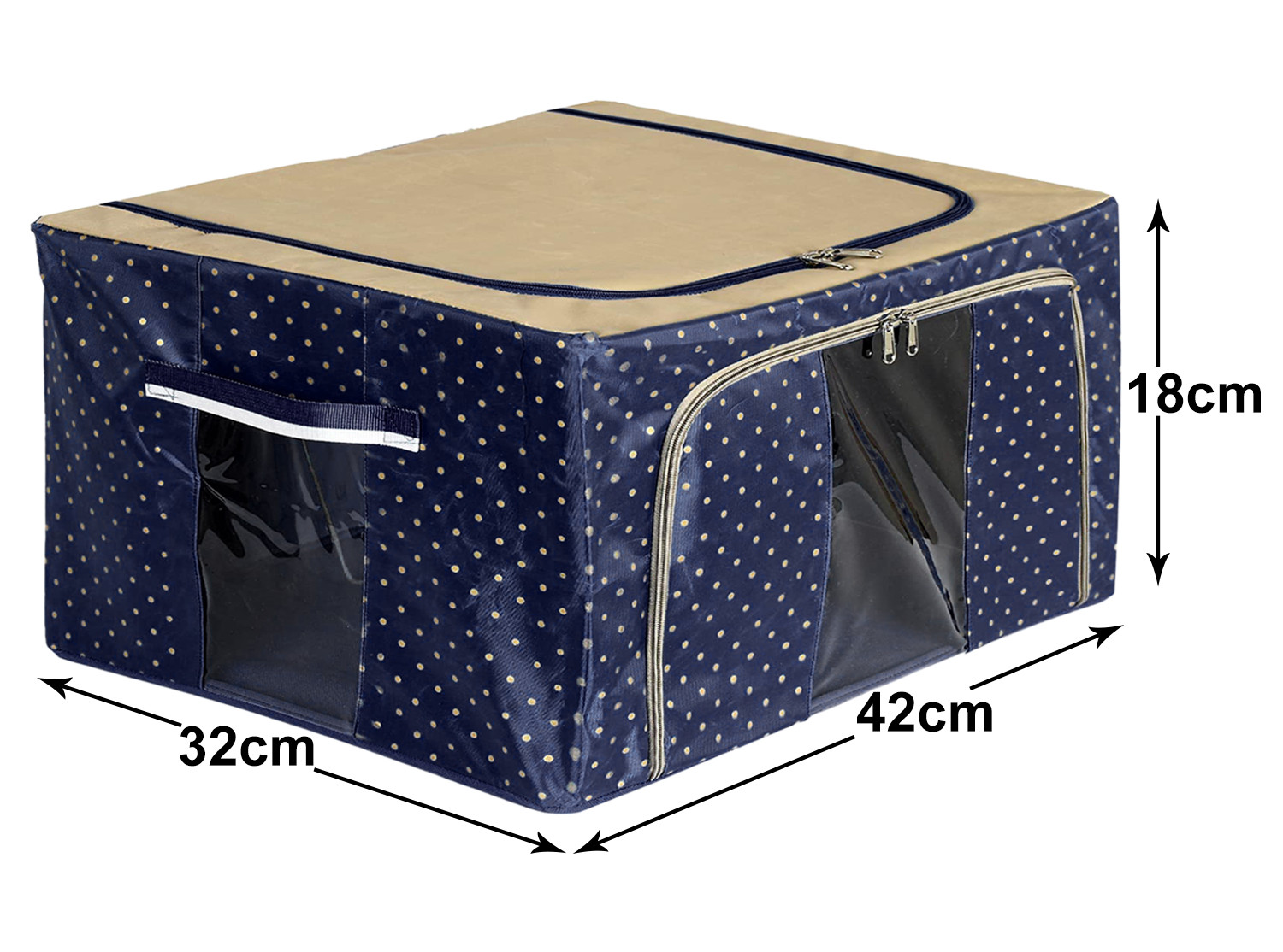 Kuber Industries Dot Printed Steel Frame Storage Box/Organizer For Clothing, Blankets, Bedding With Clear Window, 24Ltr. (Navy Blue & Brown)