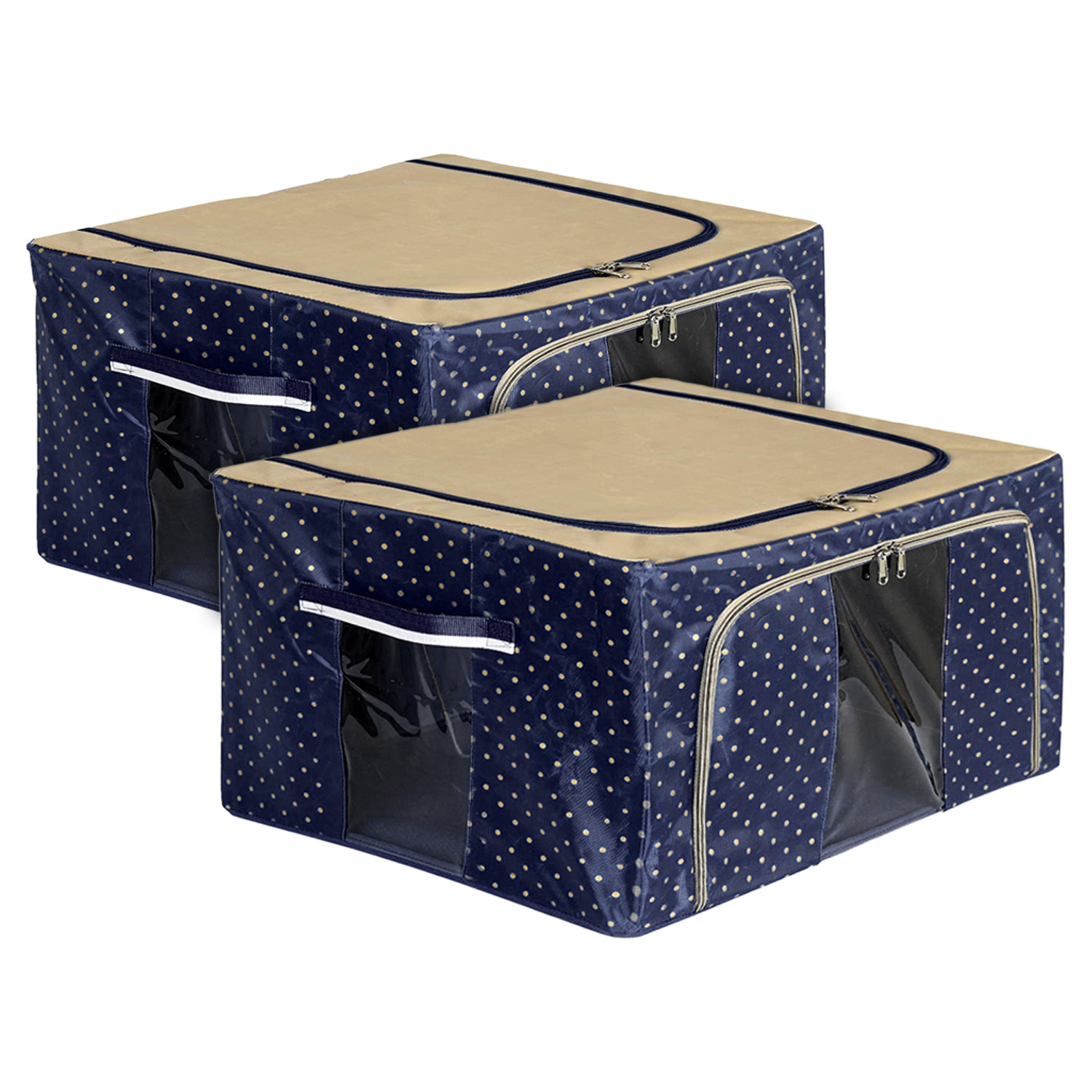 Kuber Industries Dot Printed Steel Frame Storage Box/Organizer For Clothing, Blankets, Bedding With Clear Window, 24Ltr. (Navy Blue & Brown)