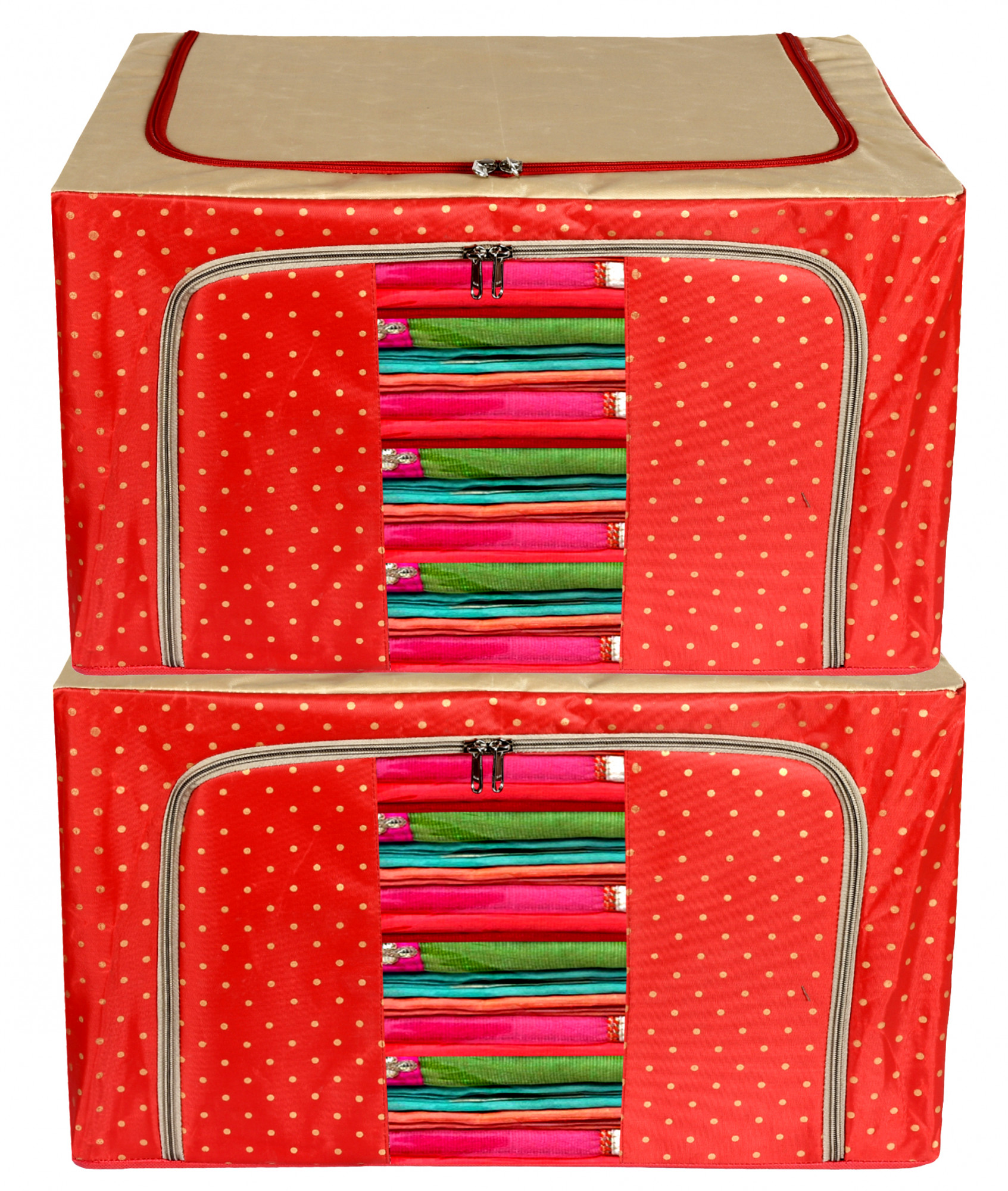 Kuber Industries Dot Printed Steel Frame Storage Box/Organizer For Clothing, Blankets, Bedding With Clear Window, 24Ltr. (Red & Brown)-44KM0213