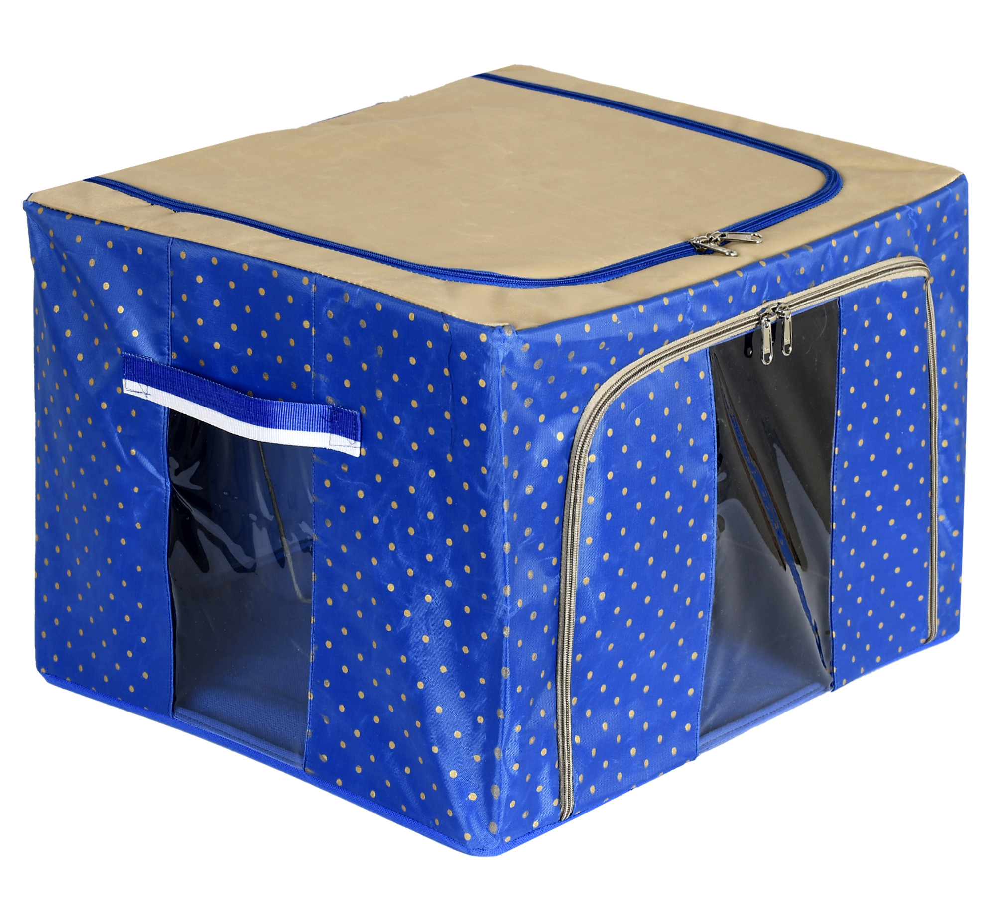 Kuber Industries Dot Printed Steel Frame Storage Box/Organizer For Clothing, Blankets, Bedding With Clear Window, 24Ltr. (Blue & Brown)-44KM0217