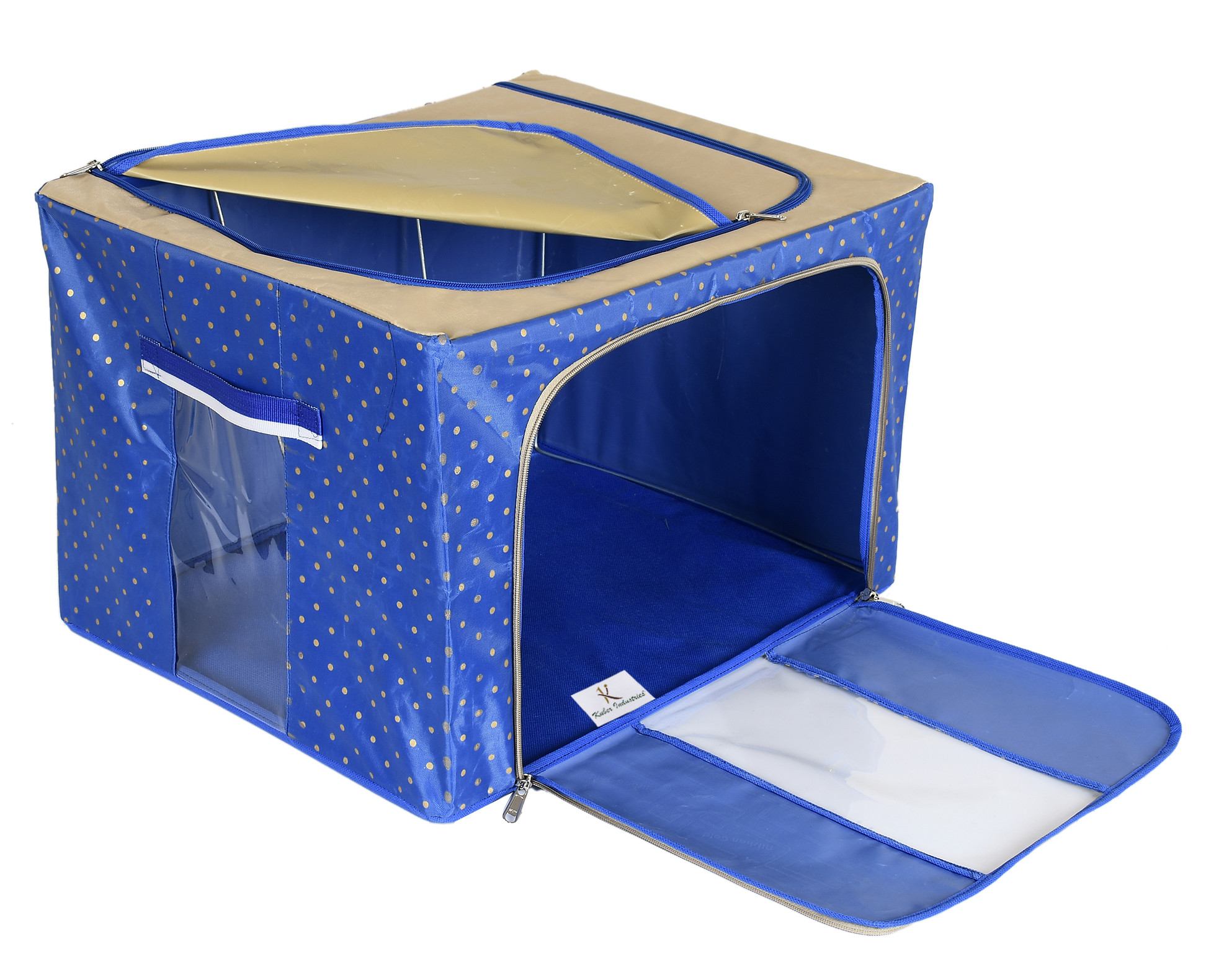 Kuber Industries Dot Printed Steel Frame Storage Box/Organizer For Clothing, Blankets, Bedding With Clear Window, 44Ltr. (Blue & Brown)-44KM0233
