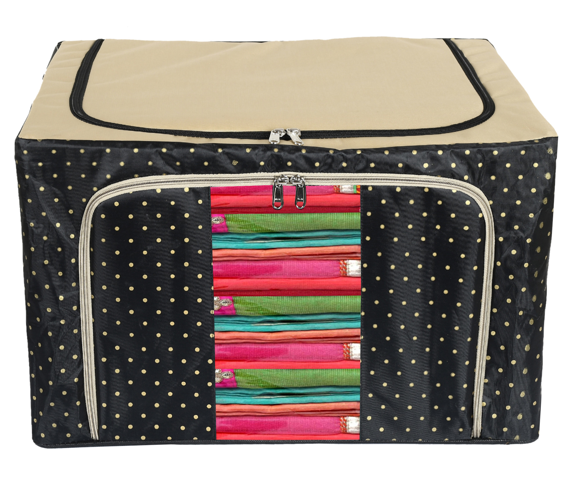 Kuber Industries Dot Printed Steel Frame Storage Box/Organizer For Clothing, Blankets, Bedding With Clear Window, 66Ltr. (Black & Grey)-44KM0253