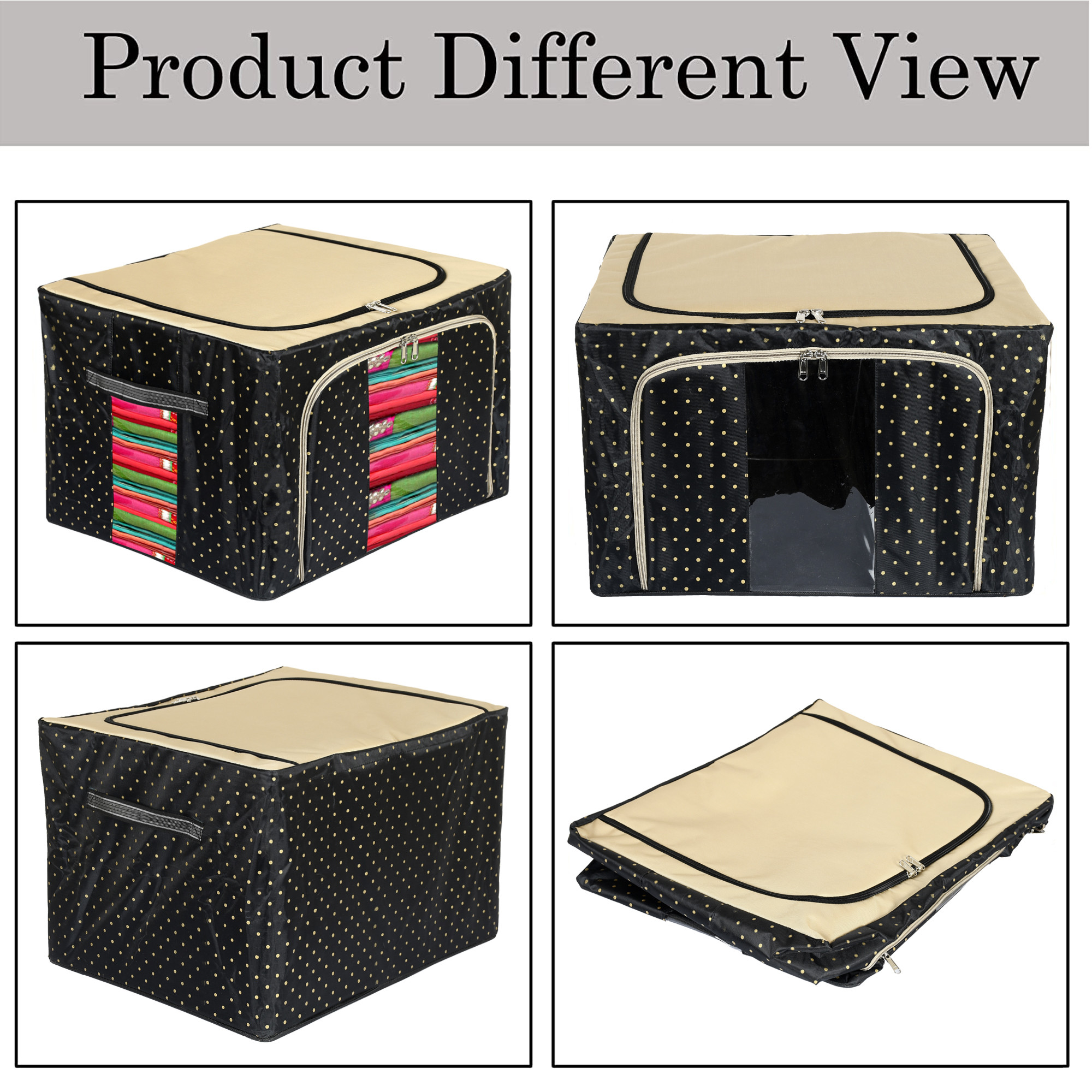 Kuber Industries Dot Printed Steel Frame Storage Box/Organizer For Clothing, Blankets, Bedding With Clear Window, 66Ltr. (Black & Grey)-44KM0253