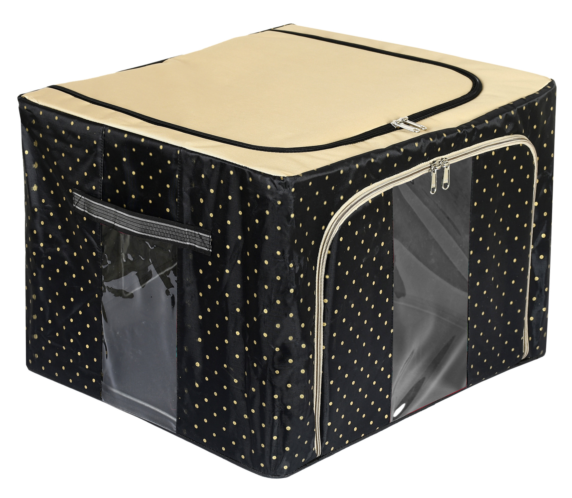 Kuber Industries Dot Printed Steel Frame Storage Box/Organizer For Clothing, Blankets, Bedding With Clear Window, 66Ltr. (Black & Grey)-44KM0253