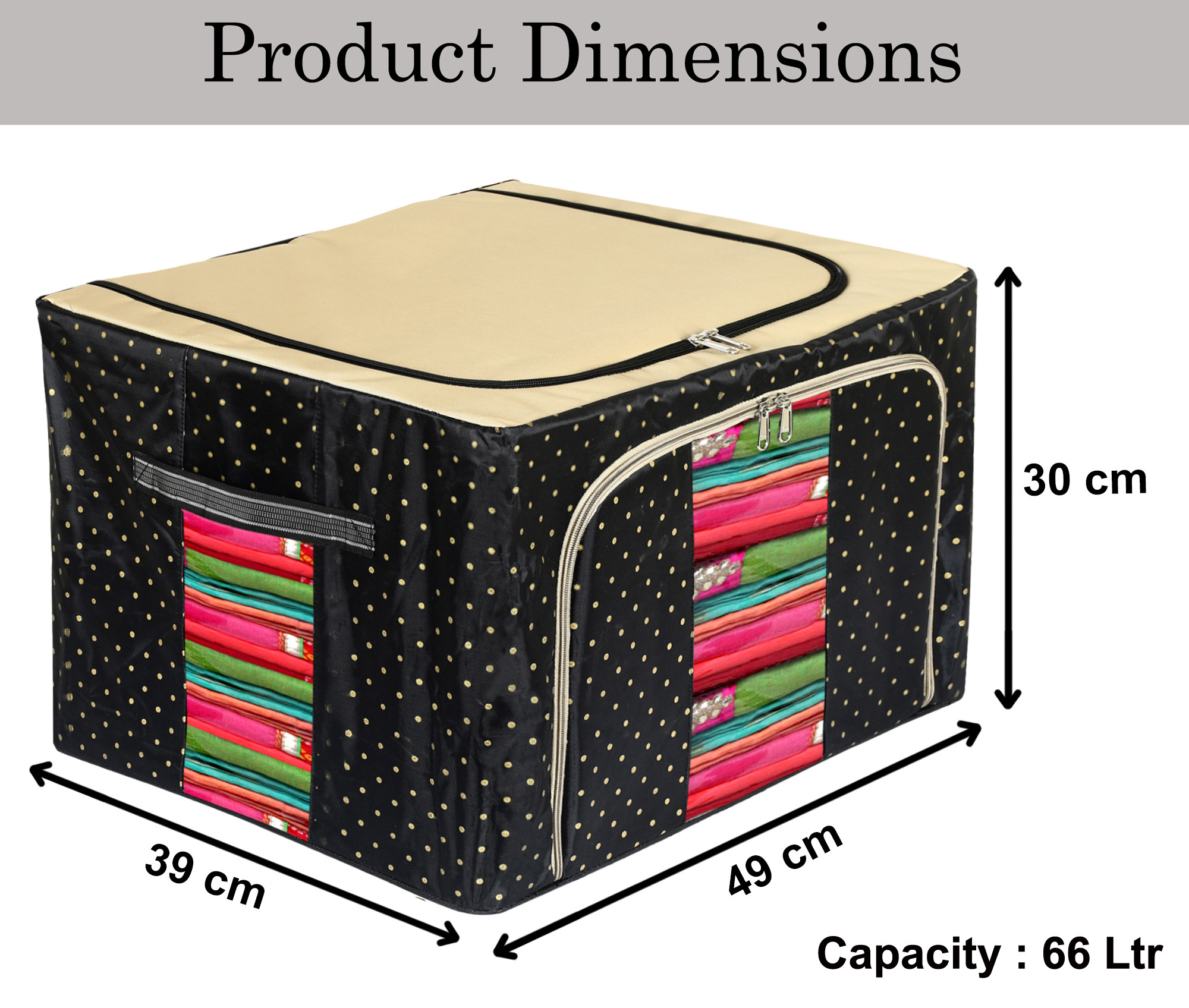 Kuber Industries Dot Printed Steel Frame Storage Box/Organizer For Clothing, Blankets, Bedding With Clear Window, 66Ltr. (Black & Grey)-44KM0253