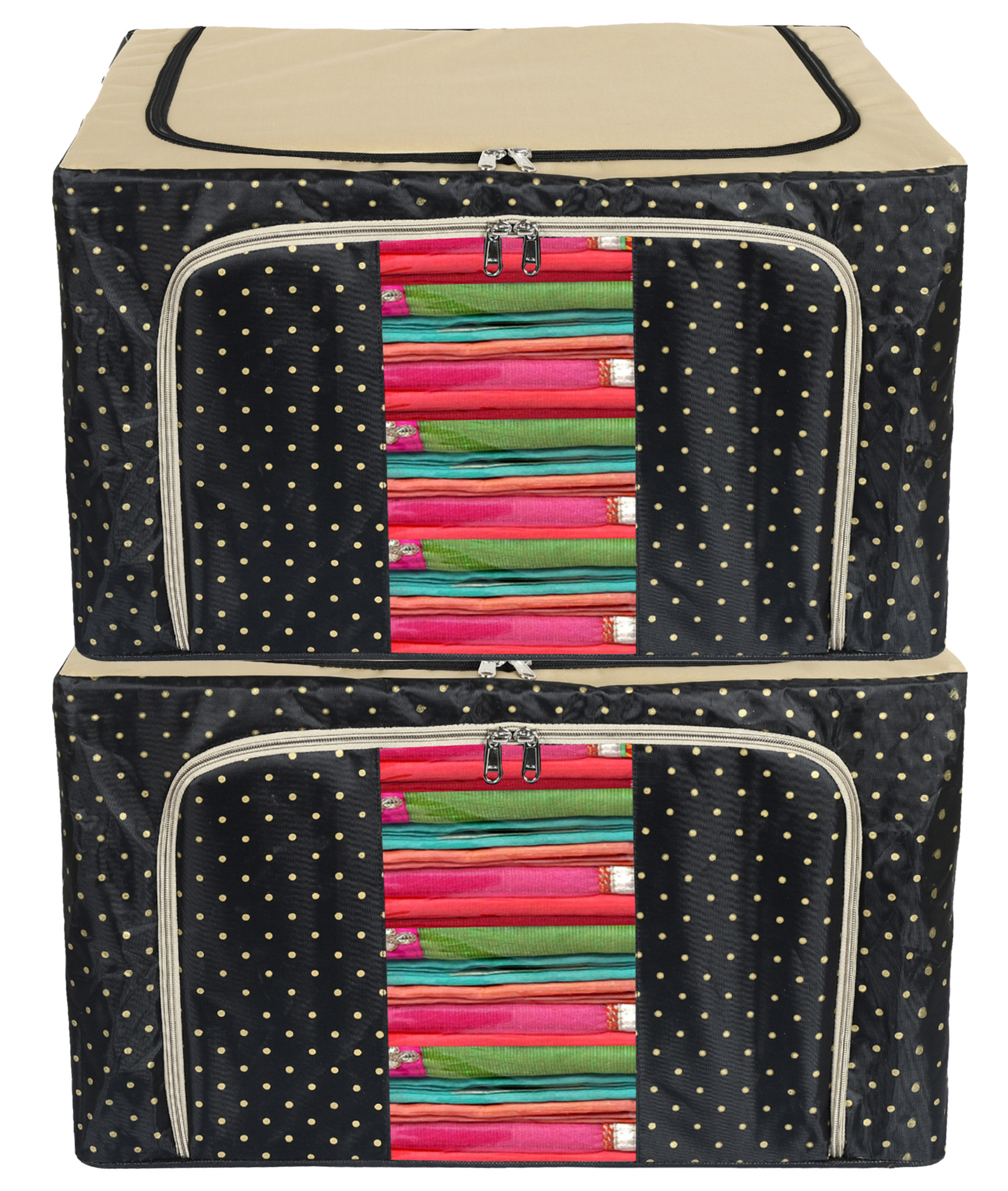 Kuber Industries Dot Printed Steel Frame Storage Box/Organizer For Clothing, Blankets, Bedding With Clear Window, 66Ltr. (Black & Grey)-44KM0253