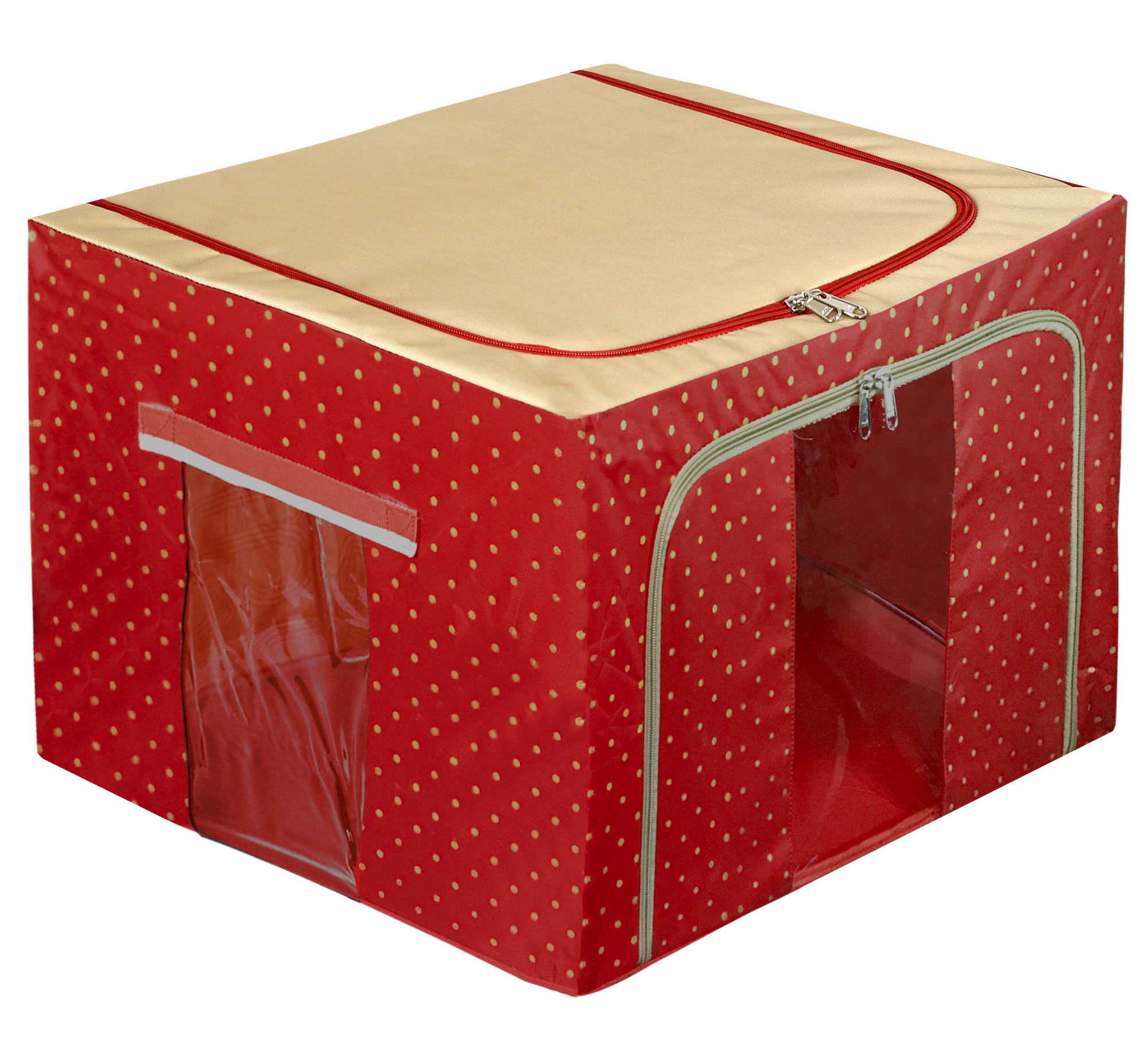 Kuber Industries Dot Printed Steel Frame Storage Box/Organizer For Clothing, Blankets, Bedding With Clear Window, 66Ltr. (Maroon & Brown)-44KM0257