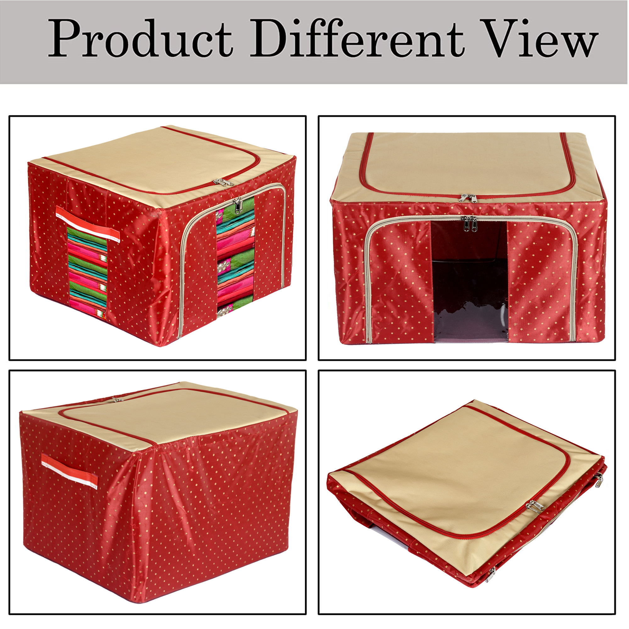Kuber Industries Dot Printed Steel Frame Storage Box/Organizer For Clothing, Blankets, Bedding With Clear Window, 66Ltr. (Maroon & Brown)-44KM0257