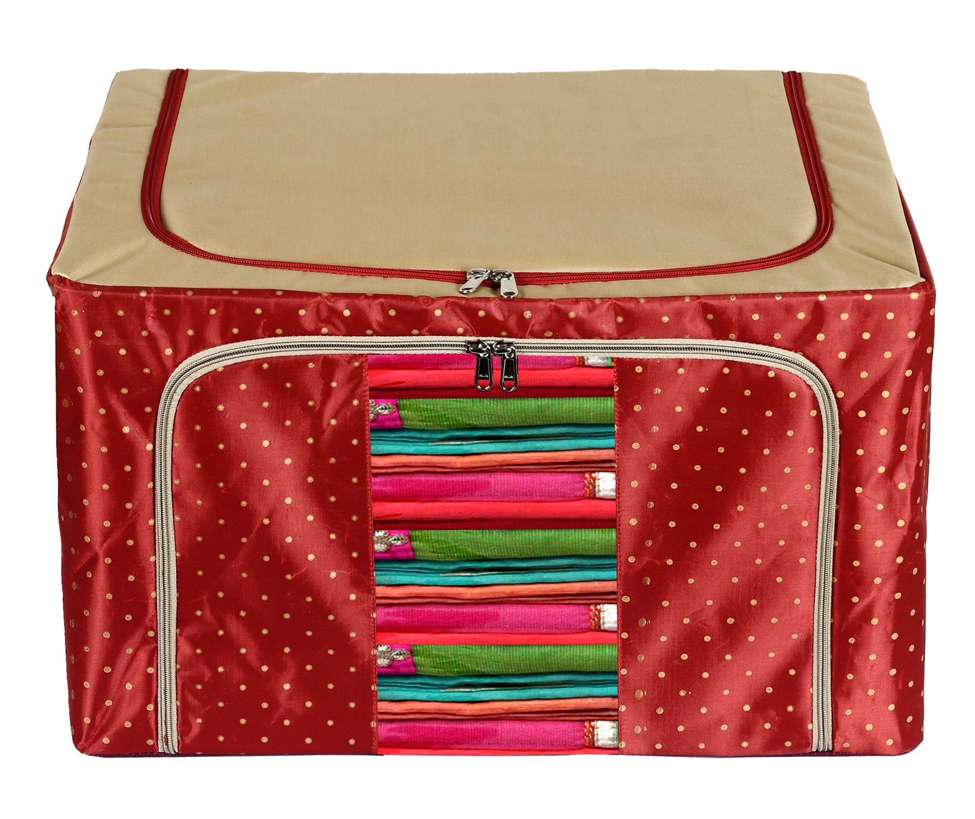 Kuber Industries Dot Printed Steel Frame Storage Box/Organizer For Clothing, Blankets, Bedding With Clear Window, 66Ltr. (Maroon & Brown)-44KM0257