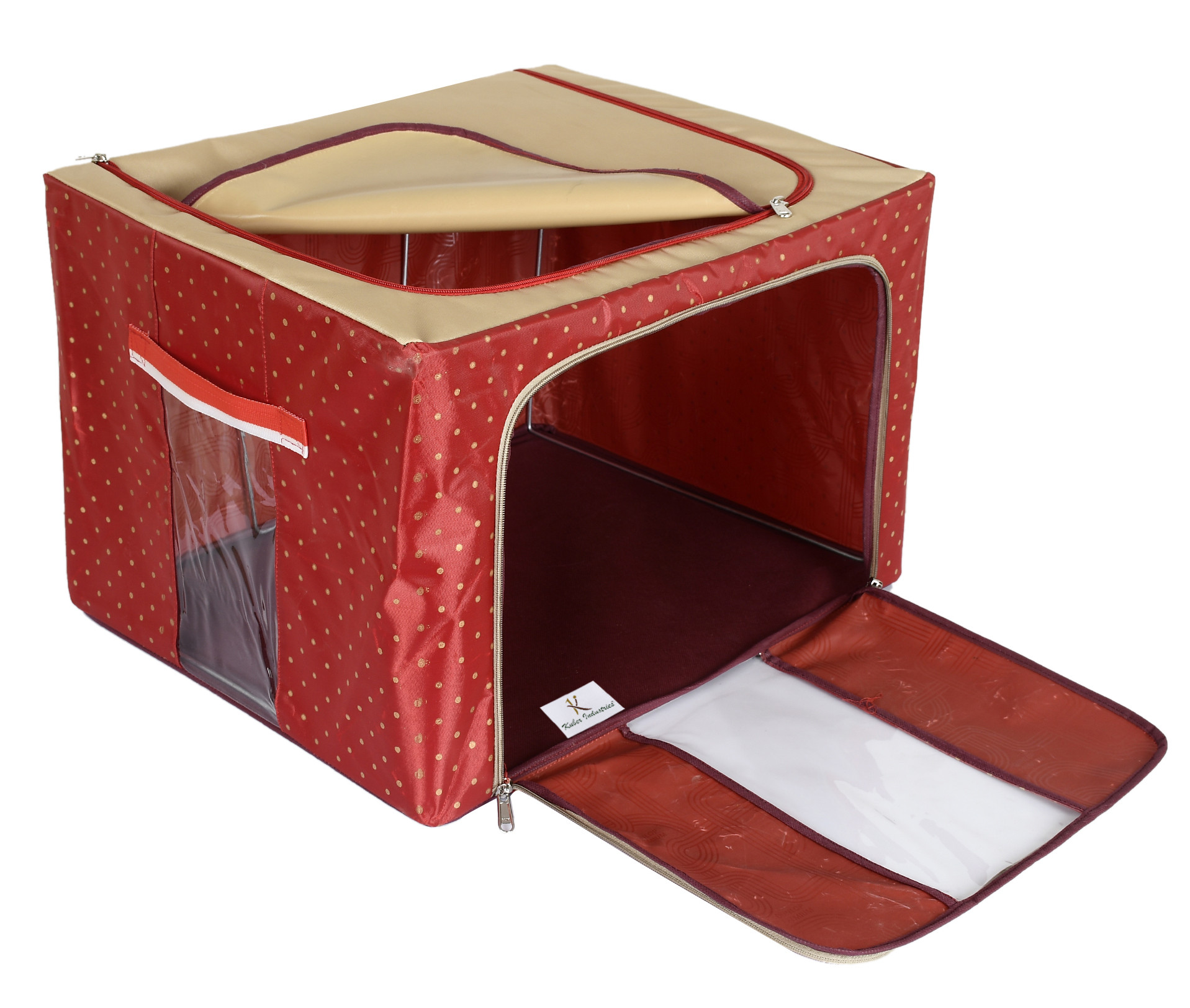 Kuber Industries Dot Printed Steel Frame Storage Box/Organizer For Clothing, Blankets, Bedding With Clear Window, 66Ltr. (Maroon & Brown)-44KM0257