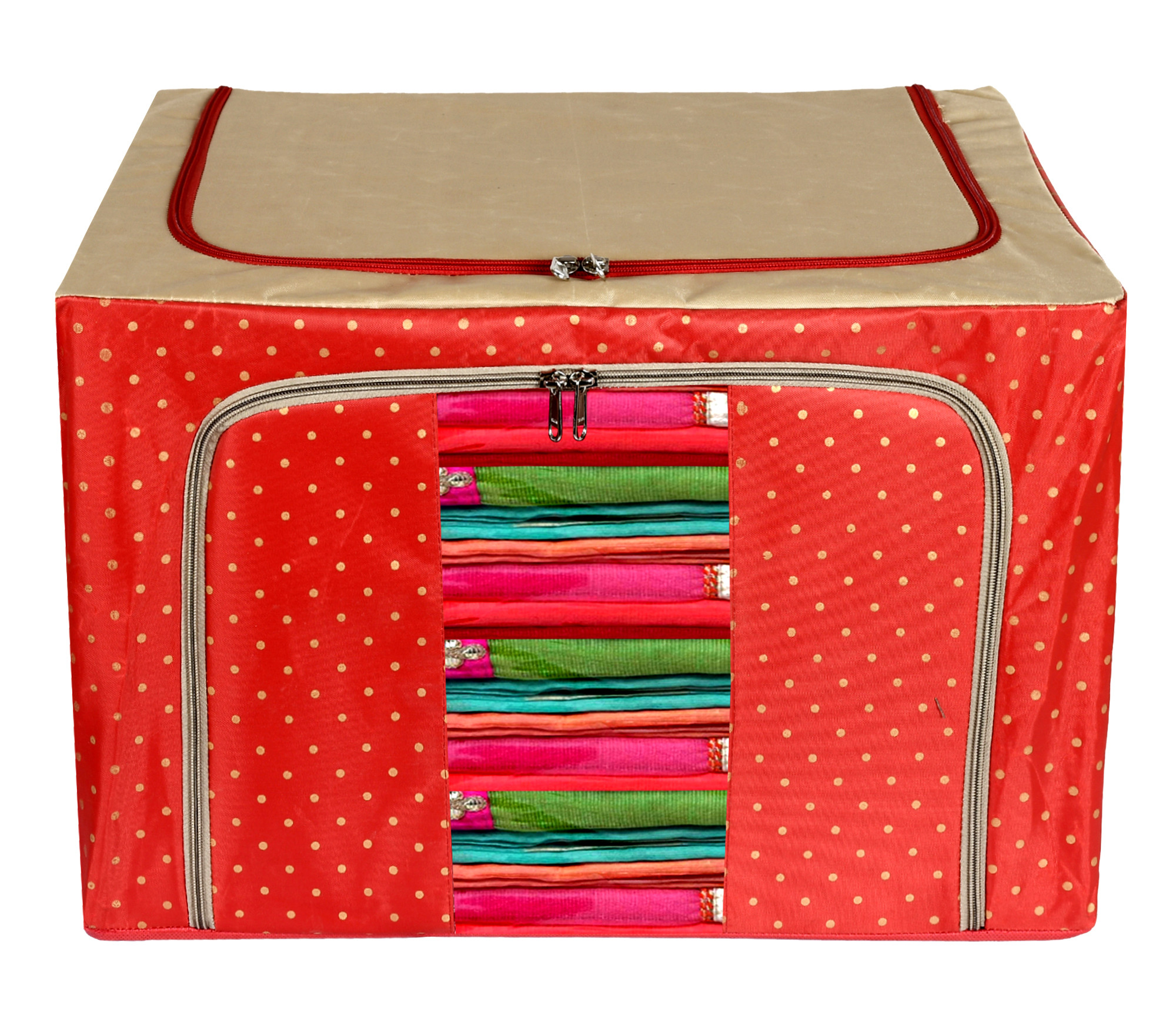 Kuber Industries Dot Printed Steel Frame Storage Box/Organizer For Clothing, Blankets, Bedding With Clear Window, 88Ltr. (Red & Brown)-44KM0261