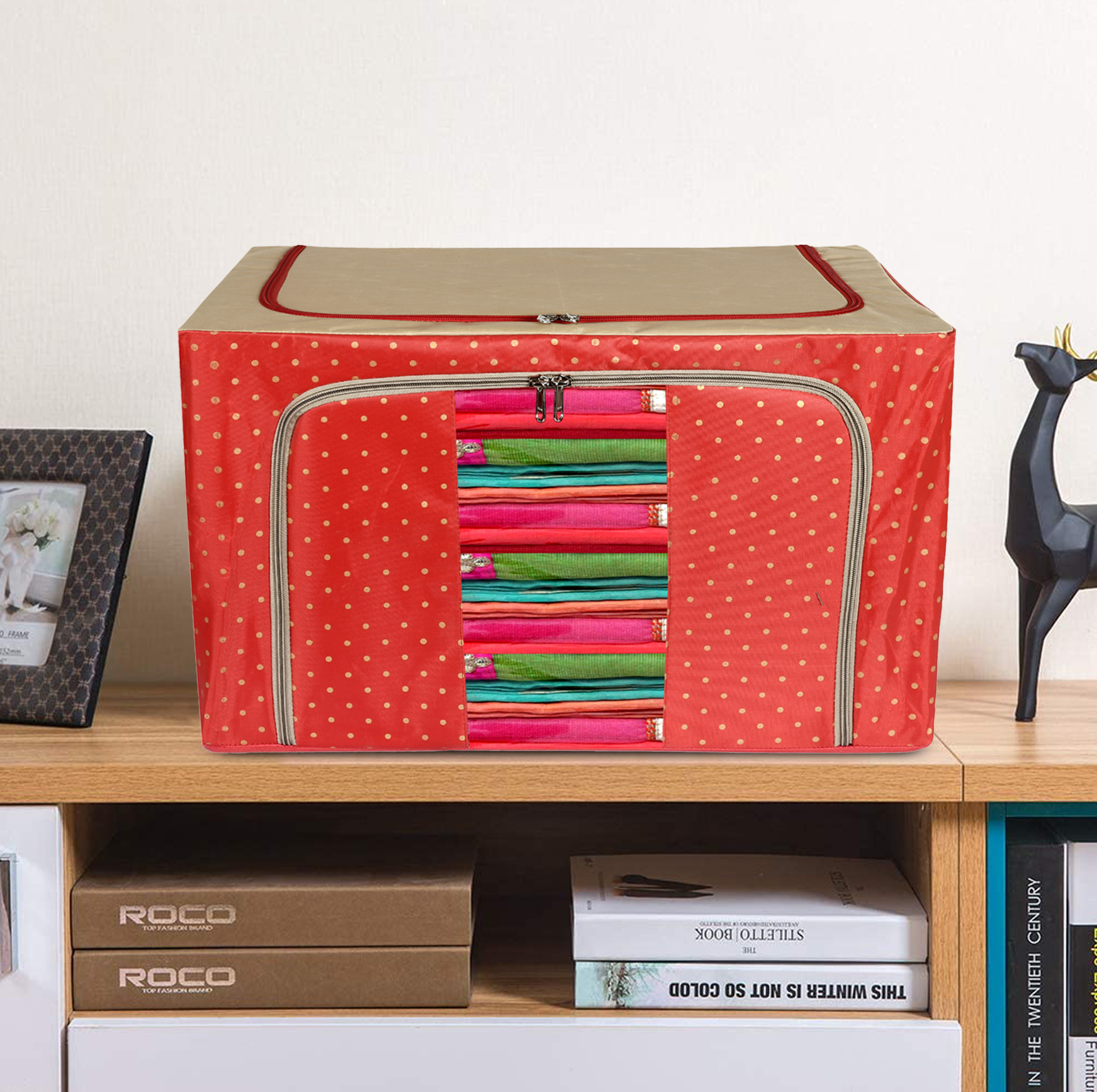 Kuber Industries Dot Printed Steel Frame Storage Box/Organizer For Clothing, Blankets, Bedding With Clear Window, 88Ltr. (Red & Brown)-44KM0261