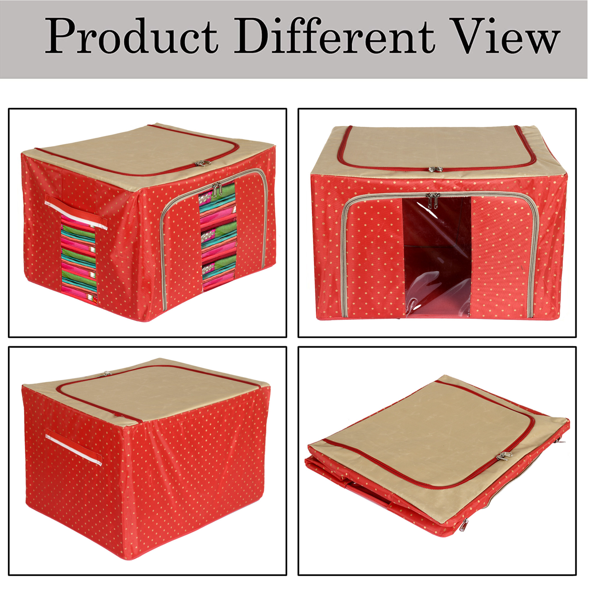 Kuber Industries Dot Printed Steel Frame Storage Box/Organizer For Clothing, Blankets, Bedding With Clear Window, 88Ltr. (Red & Brown)-44KM0261