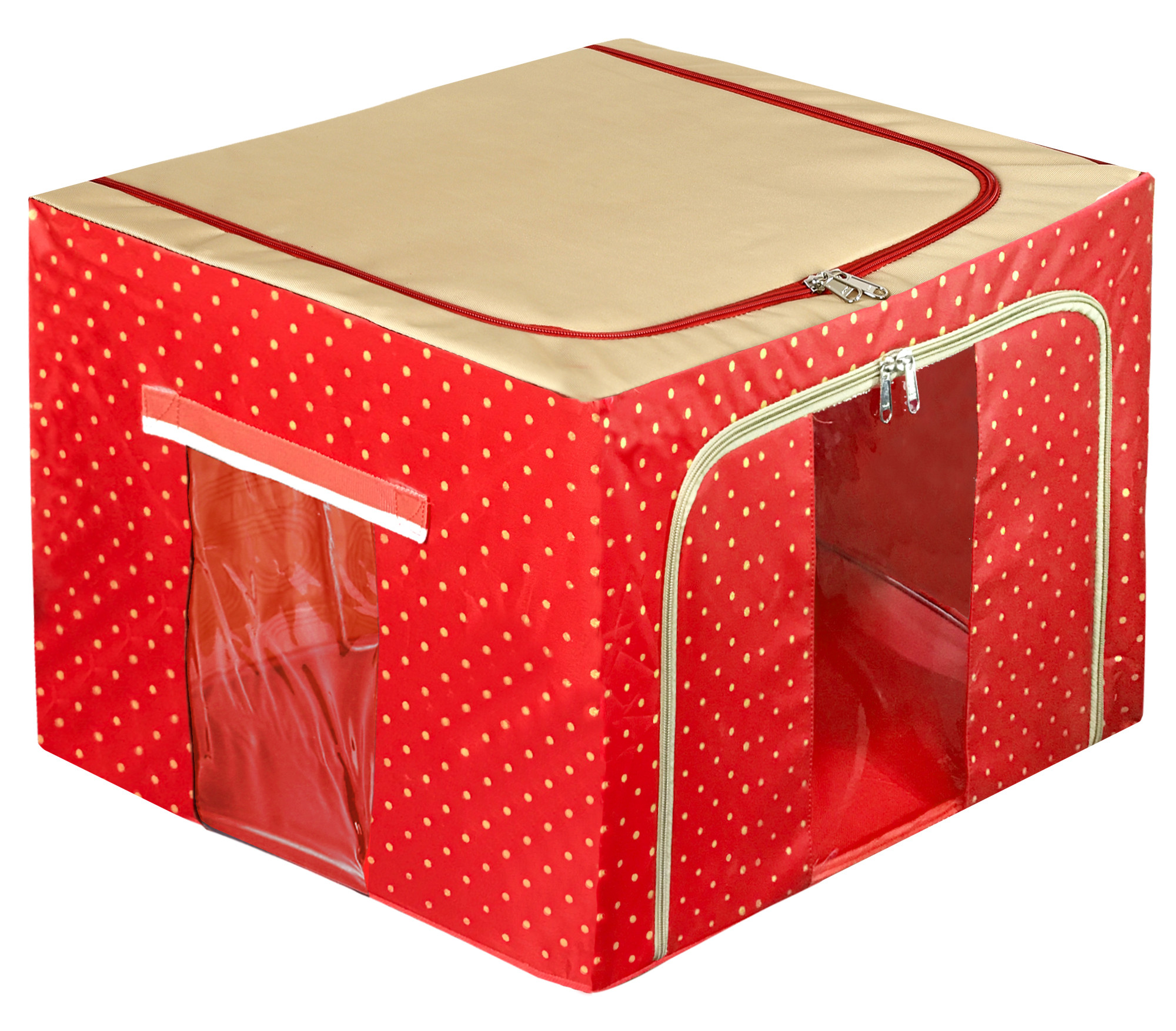 Kuber Industries Dot Printed Steel Frame Storage Box/Organizer For Clothing, Blankets, Bedding With Clear Window, 88Ltr. (Red & Brown)-44KM0261