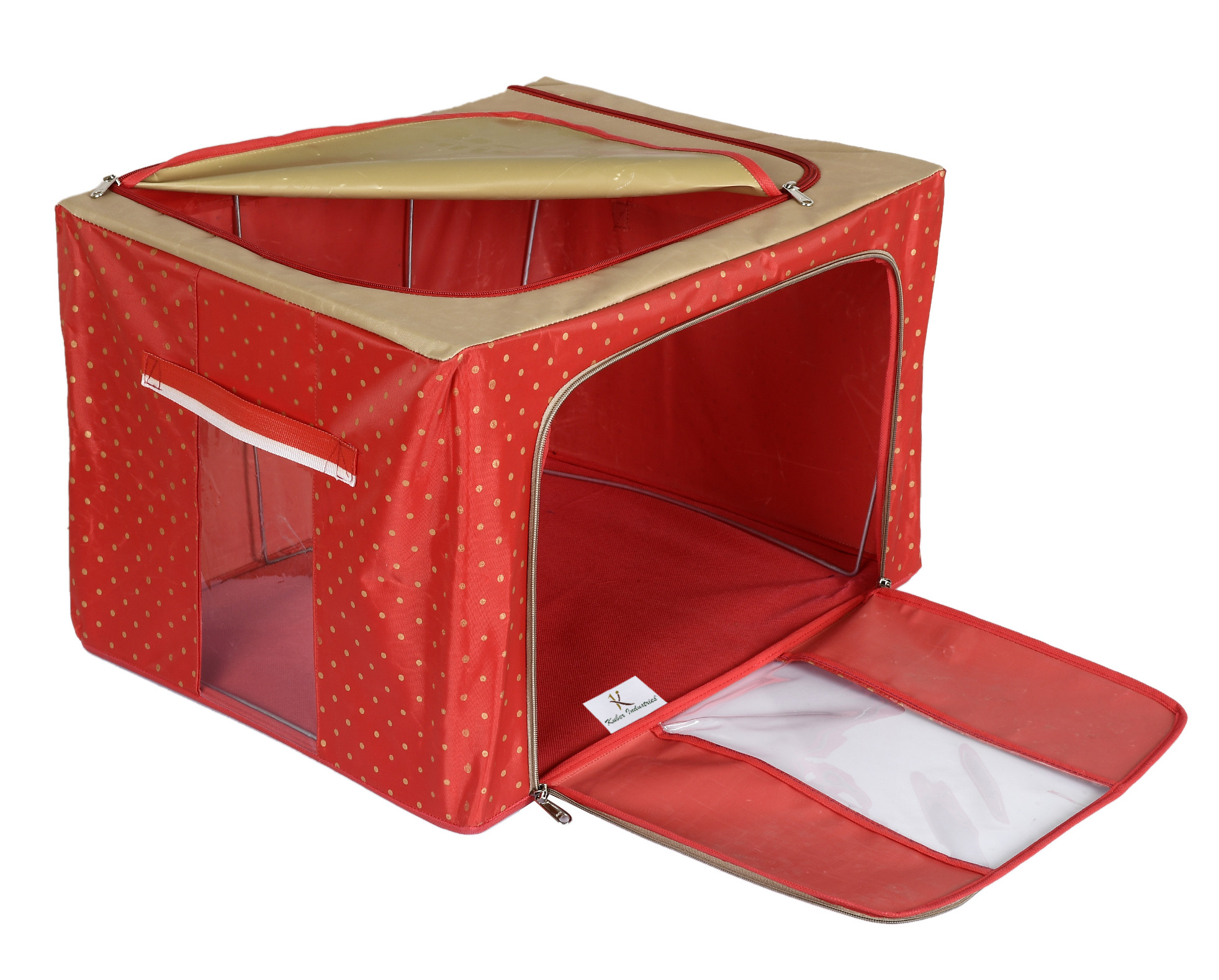 Kuber Industries Dot Printed Steel Frame Storage Box/Organizer For Clothing, Blankets, Bedding With Clear Window, 88Ltr. (Red & Brown)-44KM0261