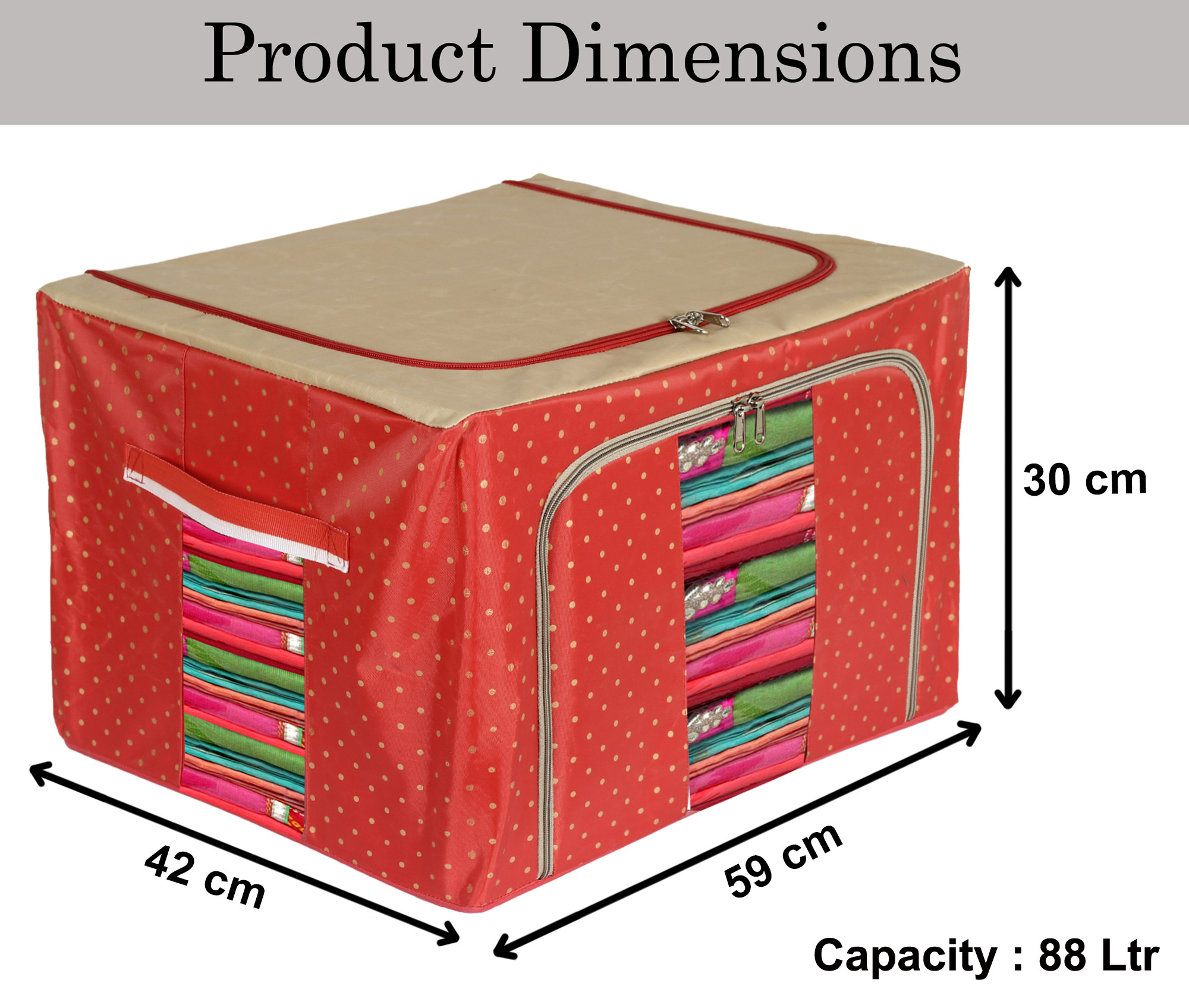 Kuber Industries Dot Printed Steel Frame Storage Box/Organizer For Clothing, Blankets, Bedding With Clear Window, 88Ltr. (Red & Brown)-44KM0261