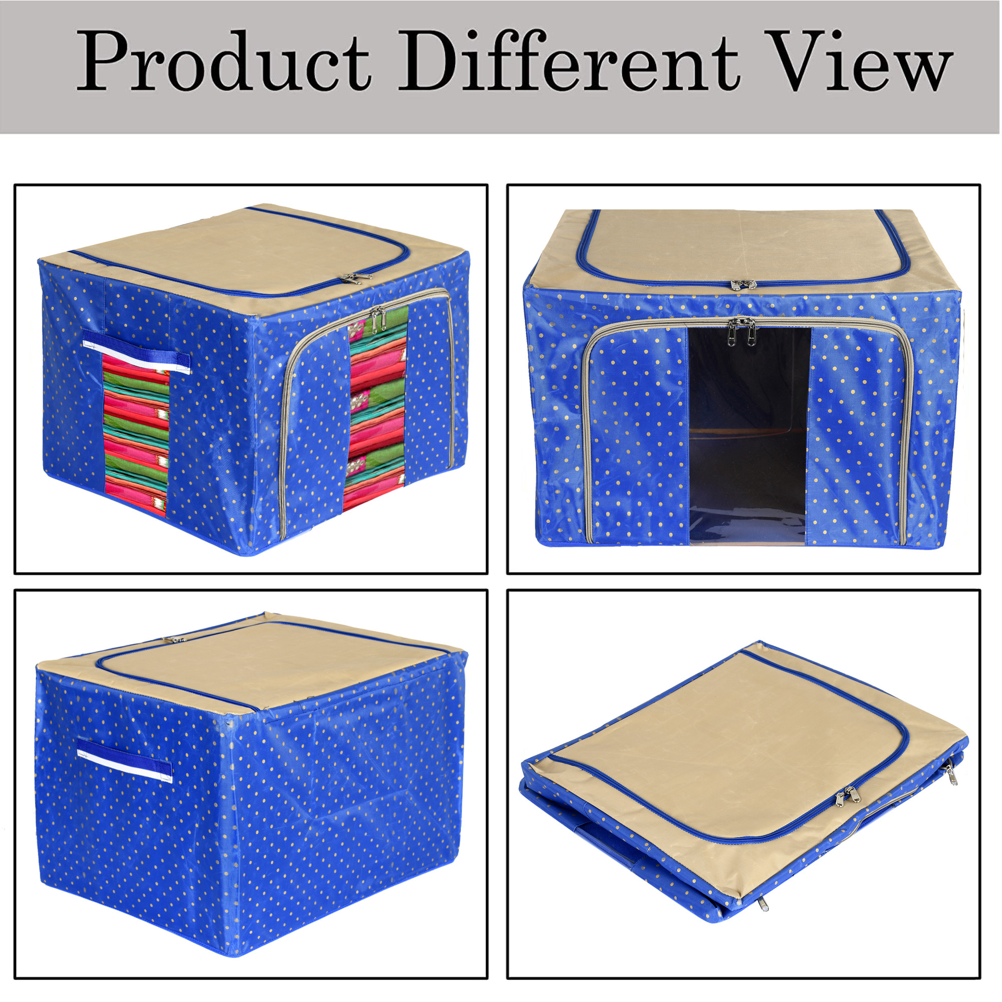 Kuber Industries Dot Printed Steel Frame Storage Box/Organizer For Clothing, Blankets, Bedding With Clear Window, 88Ltr. (Blue & Brown)-44KM0265