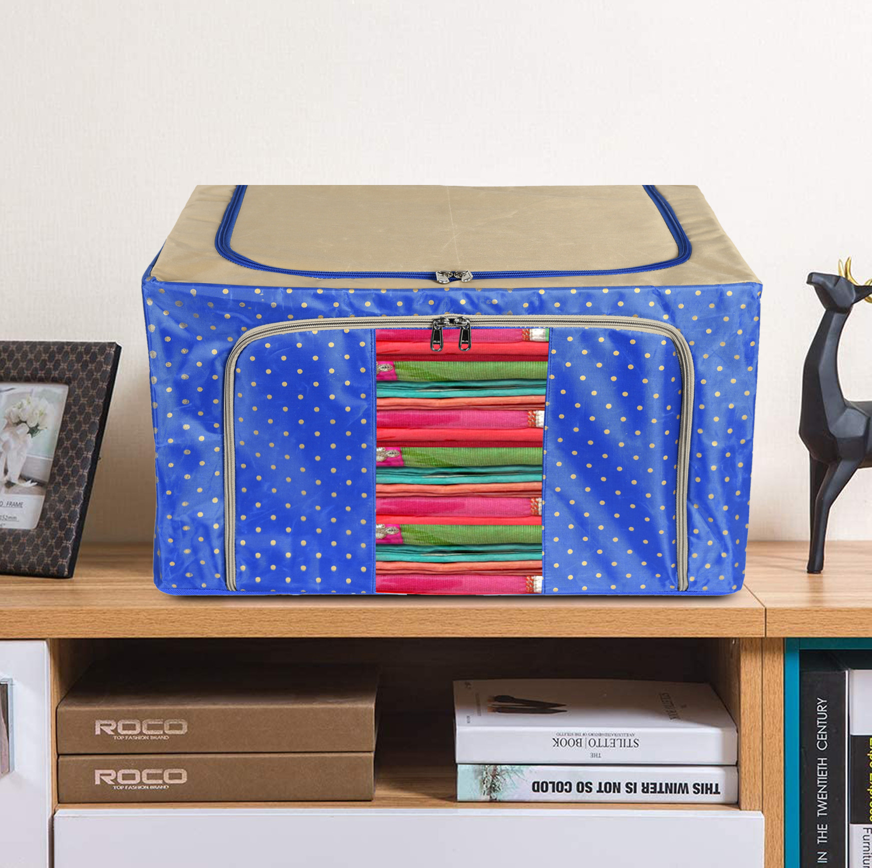 Kuber Industries Dot Printed Steel Frame Storage Box/Organizer For Clothing, Blankets, Bedding With Clear Window, 88Ltr. (Blue & Brown)-44KM0265