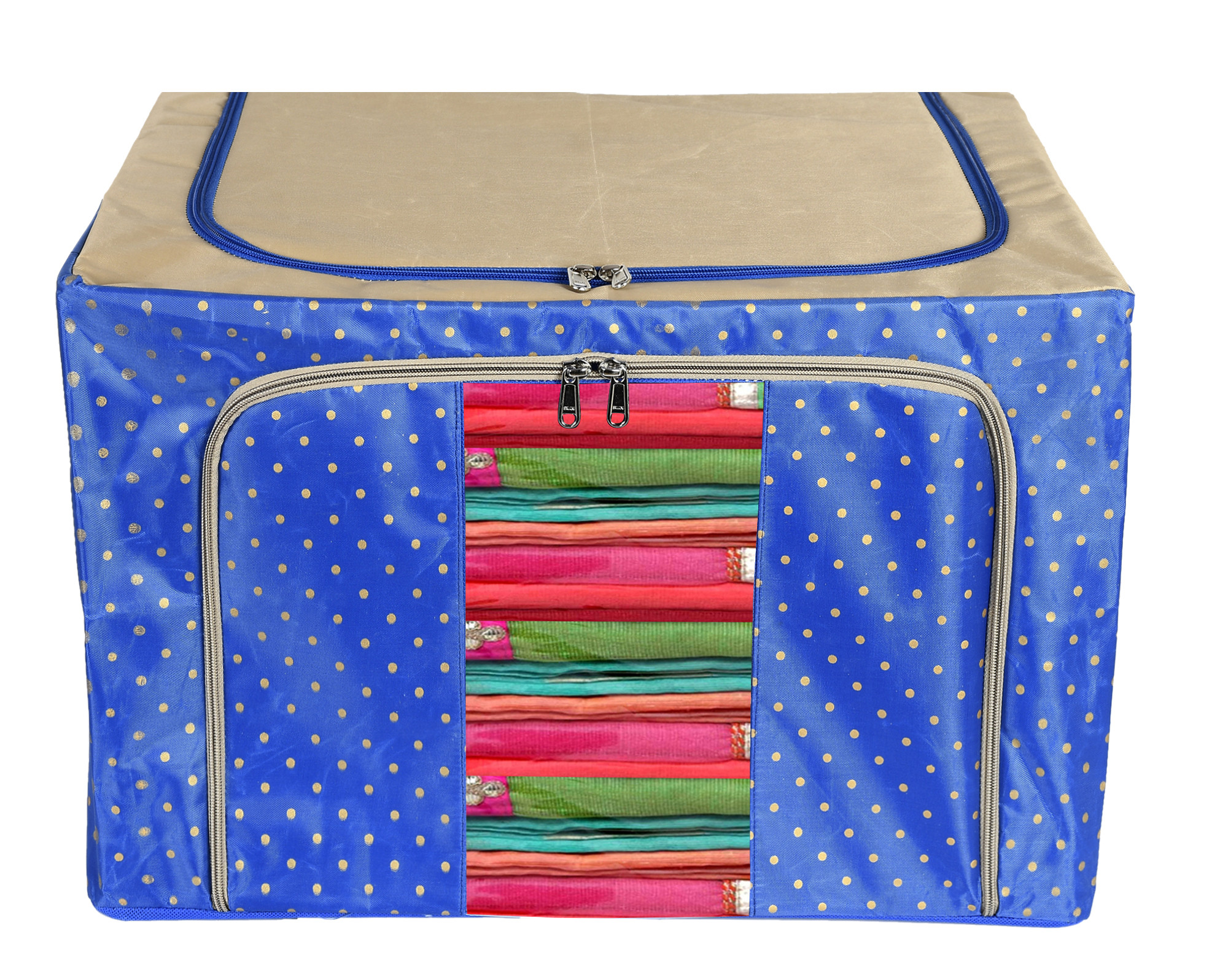 Kuber Industries Dot Printed Steel Frame Storage Box/Organizer For Clothing, Blankets, Bedding With Clear Window, 88Ltr. (Blue & Brown)-44KM0265