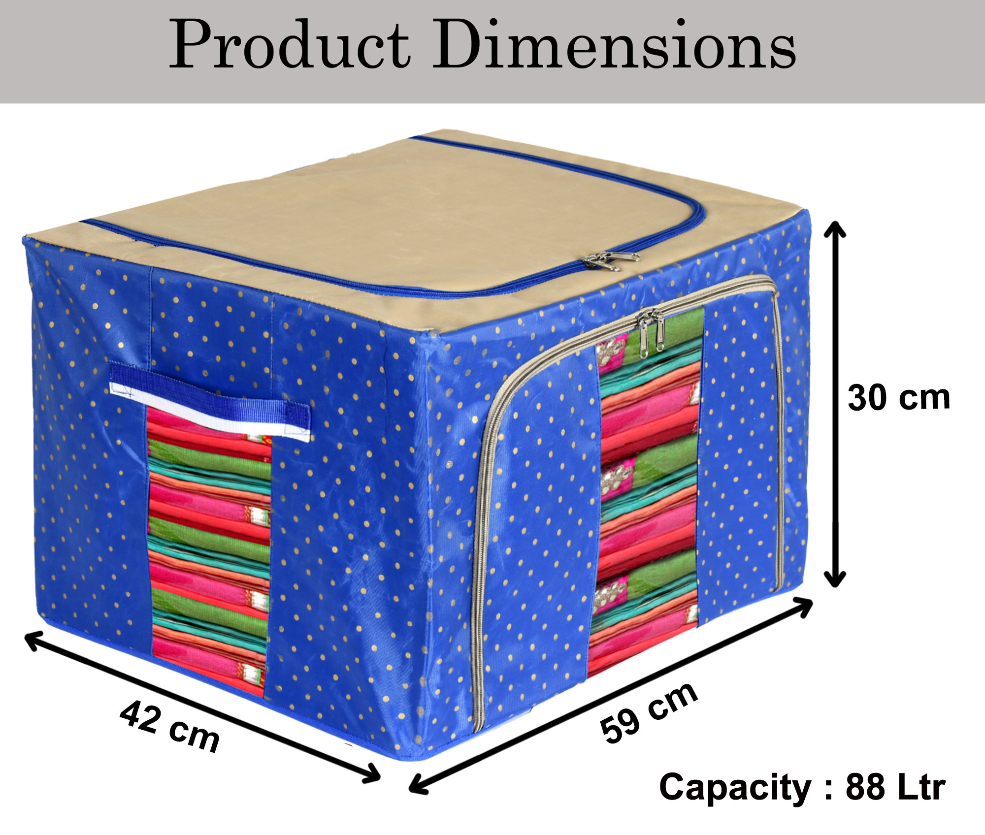 Kuber Industries Dot Printed Steel Frame Storage Box/Organizer For Clothing, Blankets, Bedding With Clear Window, 88Ltr. (Blue & Brown)-44KM0265