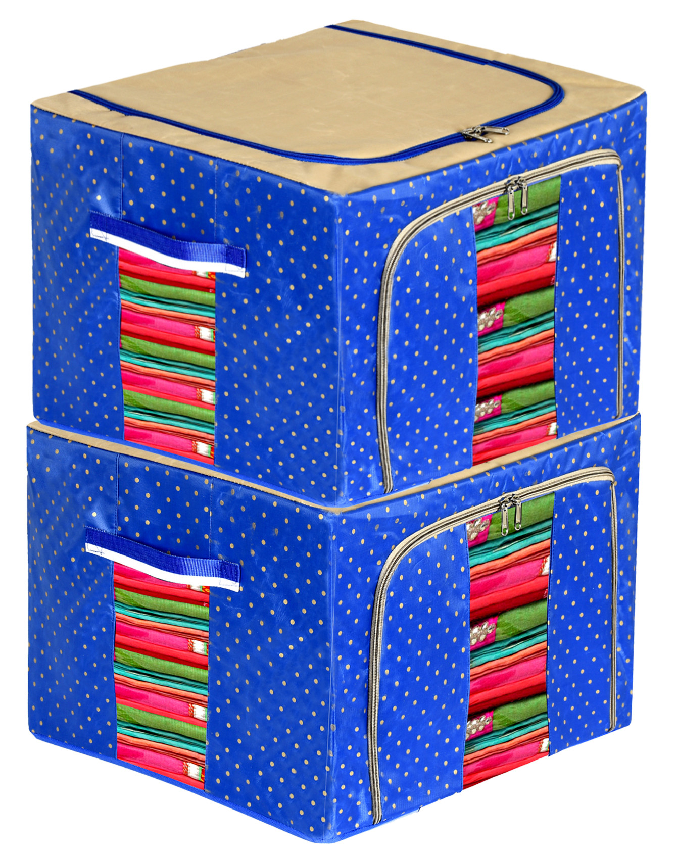 Kuber Industries Dot Printed Steel Frame Storage Box/Organizer For Clothing, Blankets, Bedding With Clear Window, 88Ltr. (Blue & Brown)-44KM0265