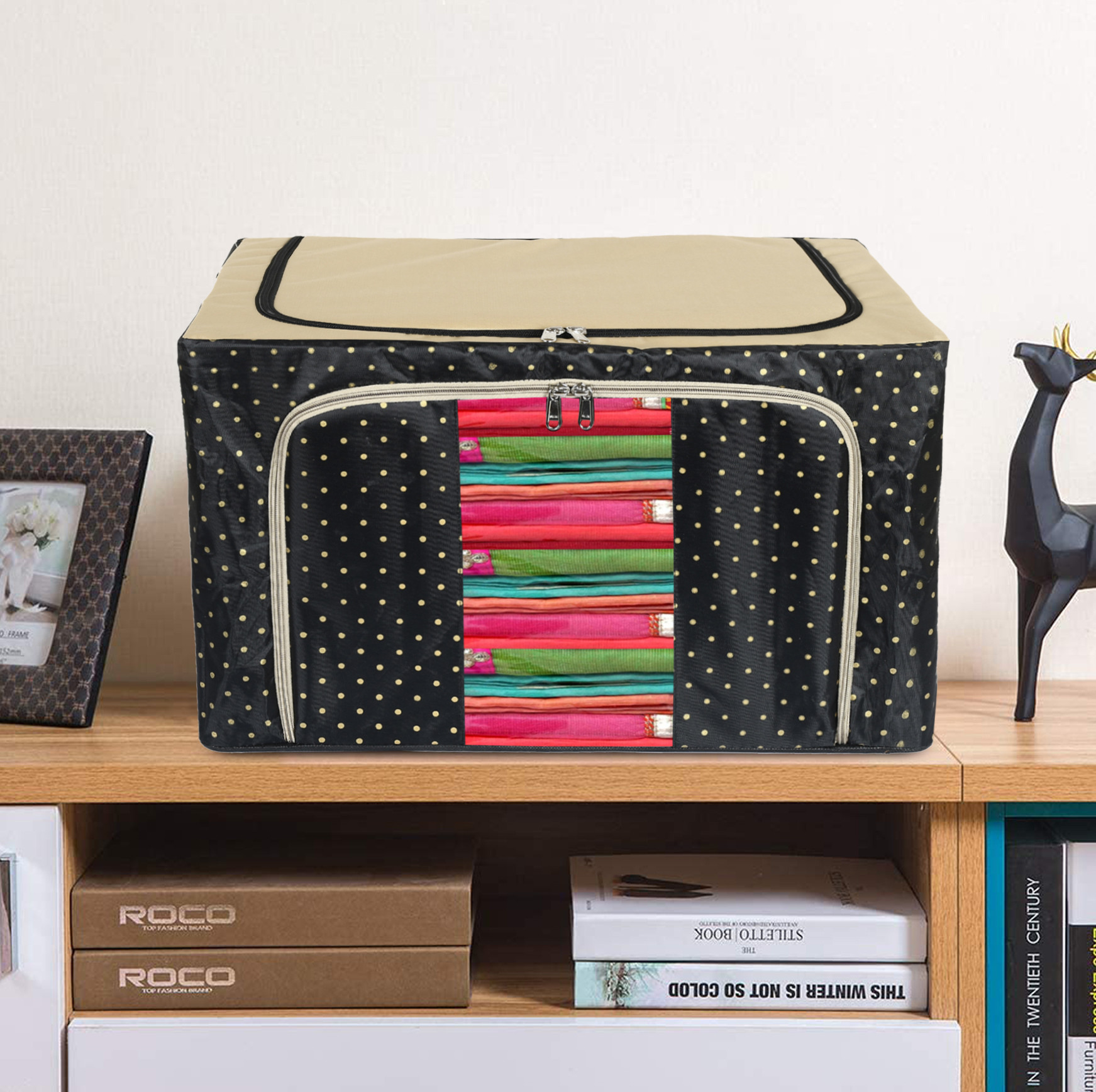 Kuber Industries Dot Printed Steel Frame Storage Box/Organizer For Clothing, Blankets, Bedding With Clear Window, 88Ltr. (Black & Grey)-44KM0269