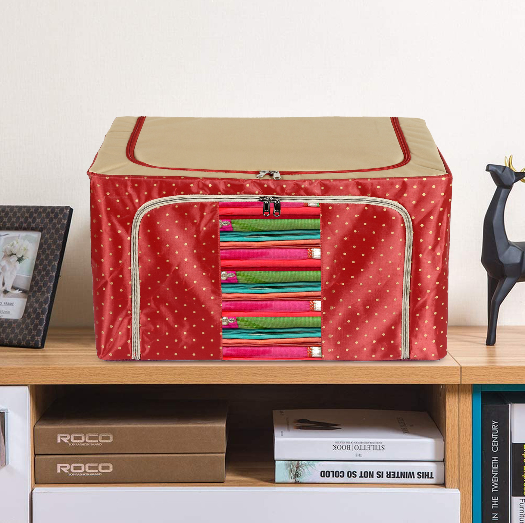 Kuber Industries Dot Printed Steel Frame Storage Box/Organizer For Clothing, Blankets, Bedding With Clear Window, 88Ltr. (Maroon & Brown)-44KM0273