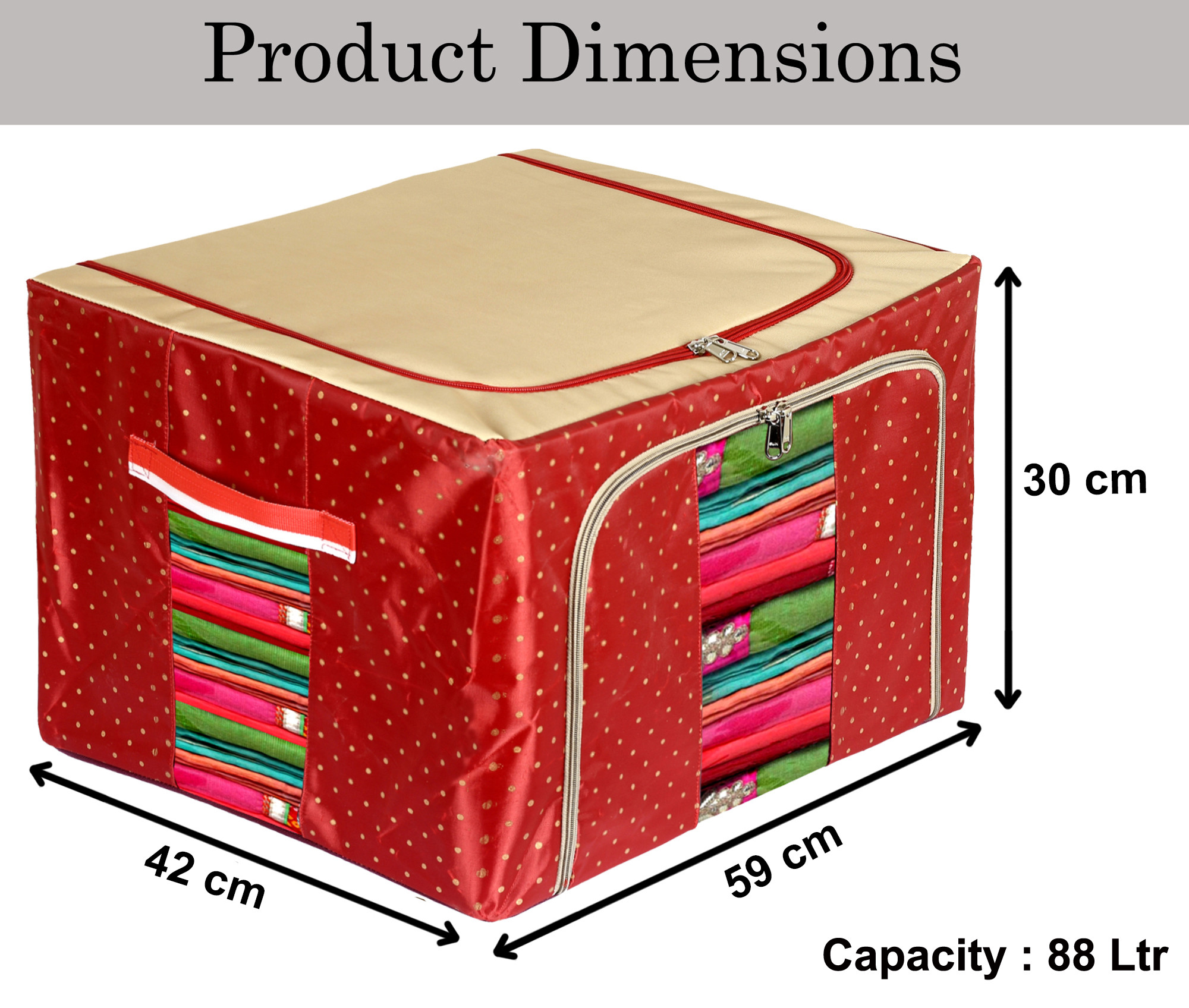 Kuber Industries Dot Printed Steel Frame Storage Box/Organizer For Clothing, Blankets, Bedding With Clear Window, 88Ltr. (Maroon & Brown)-44KM0273