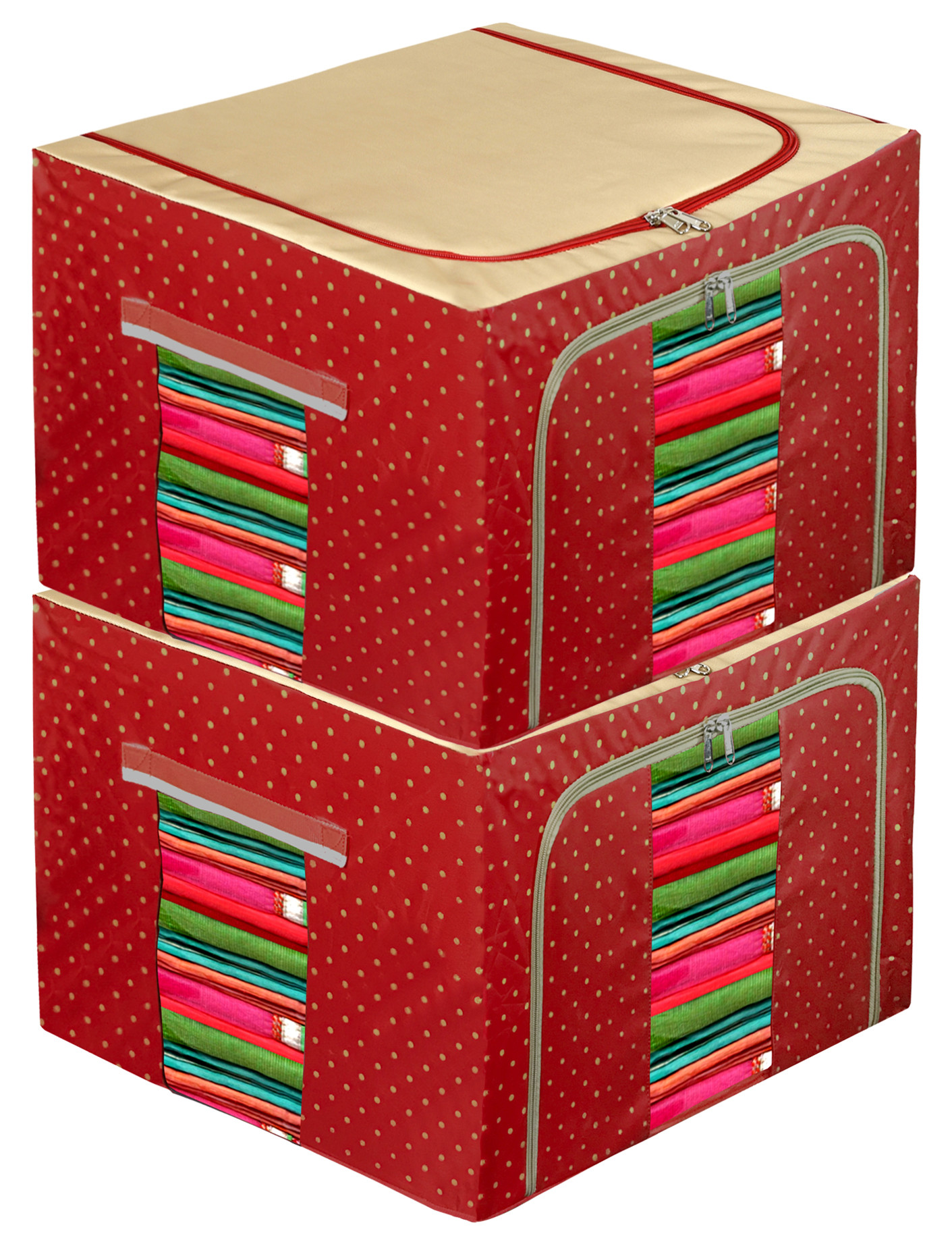 Kuber Industries Dot Printed Steel Frame Storage Box/Organizer For Clothing, Blankets, Bedding With Clear Window, 88Ltr. (Maroon & Brown)-44KM0273